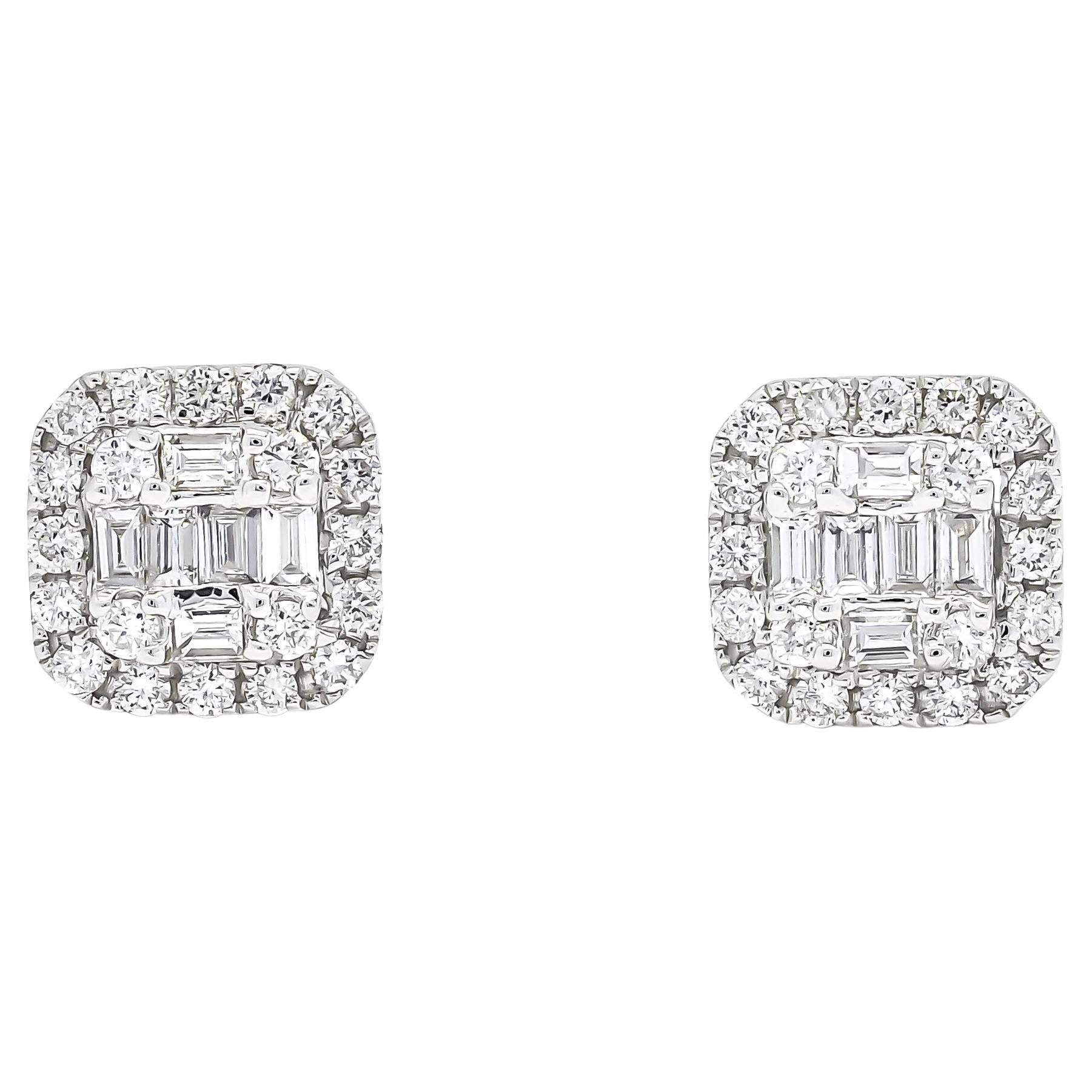 Boucle d'oreille or 18KTW Baguette Diamants ronds Halo Square Cluster en vente