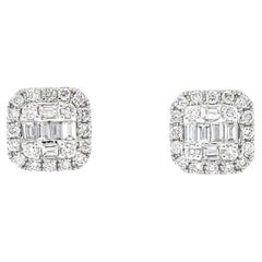 18KTW Gold Natural Baguette Round Diamonds Halo Square Cluster Stud Earring