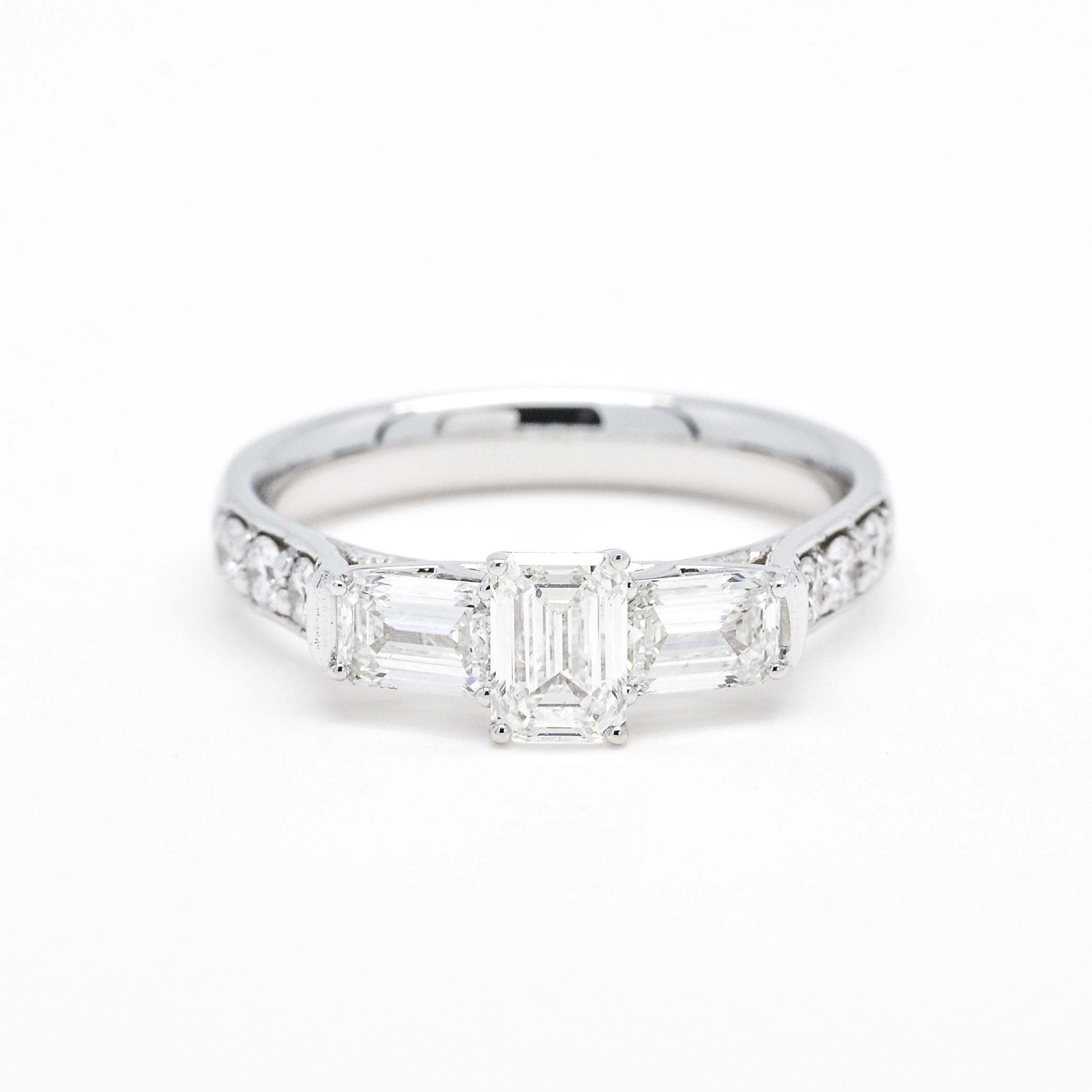 Victorian 18KT White Gold Natural Diamonds Emerald Cut Trilogy Vintage Engagement Ring For Sale