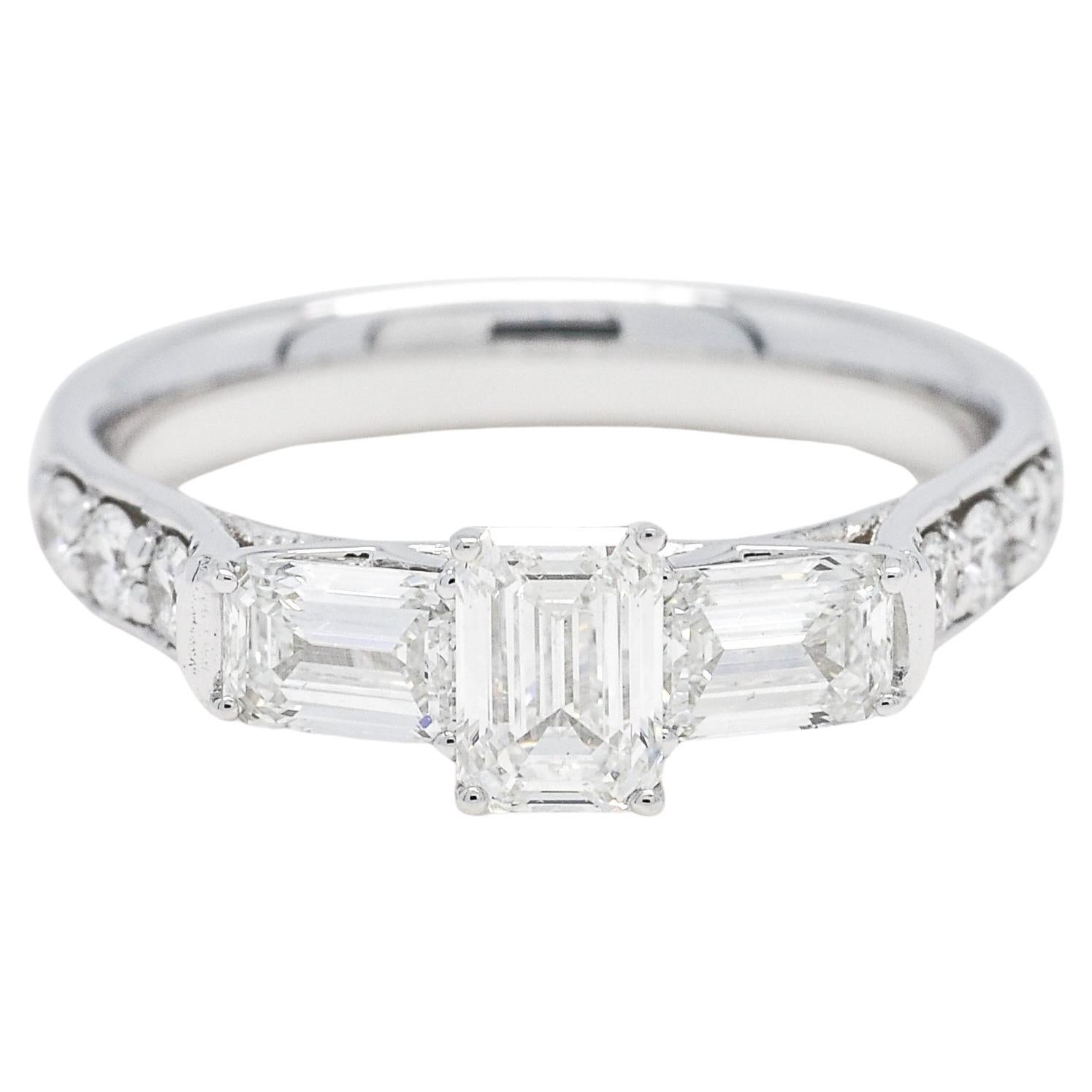 18KT White Gold Natural Diamonds Emerald Cut Trilogy Vintage Engagement Ring For Sale