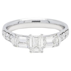 18KT White Gold Natural Diamonds Emerald Cut Trilogy Vintage Engagement Ring