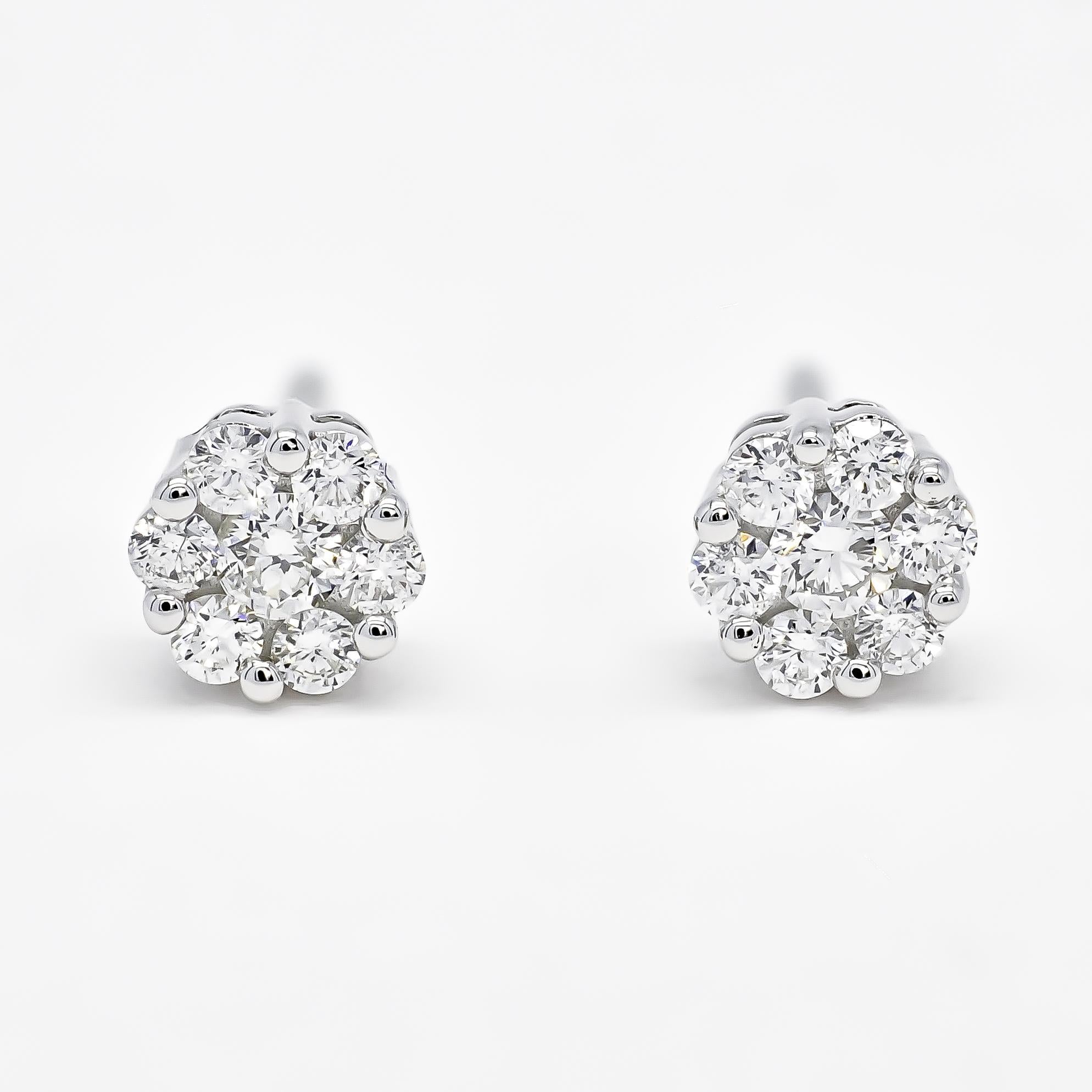 Art Nouveau  Natural Diamonds 1.10 carats 18KT White Gold Classic Cluster Stud Earring For Sale