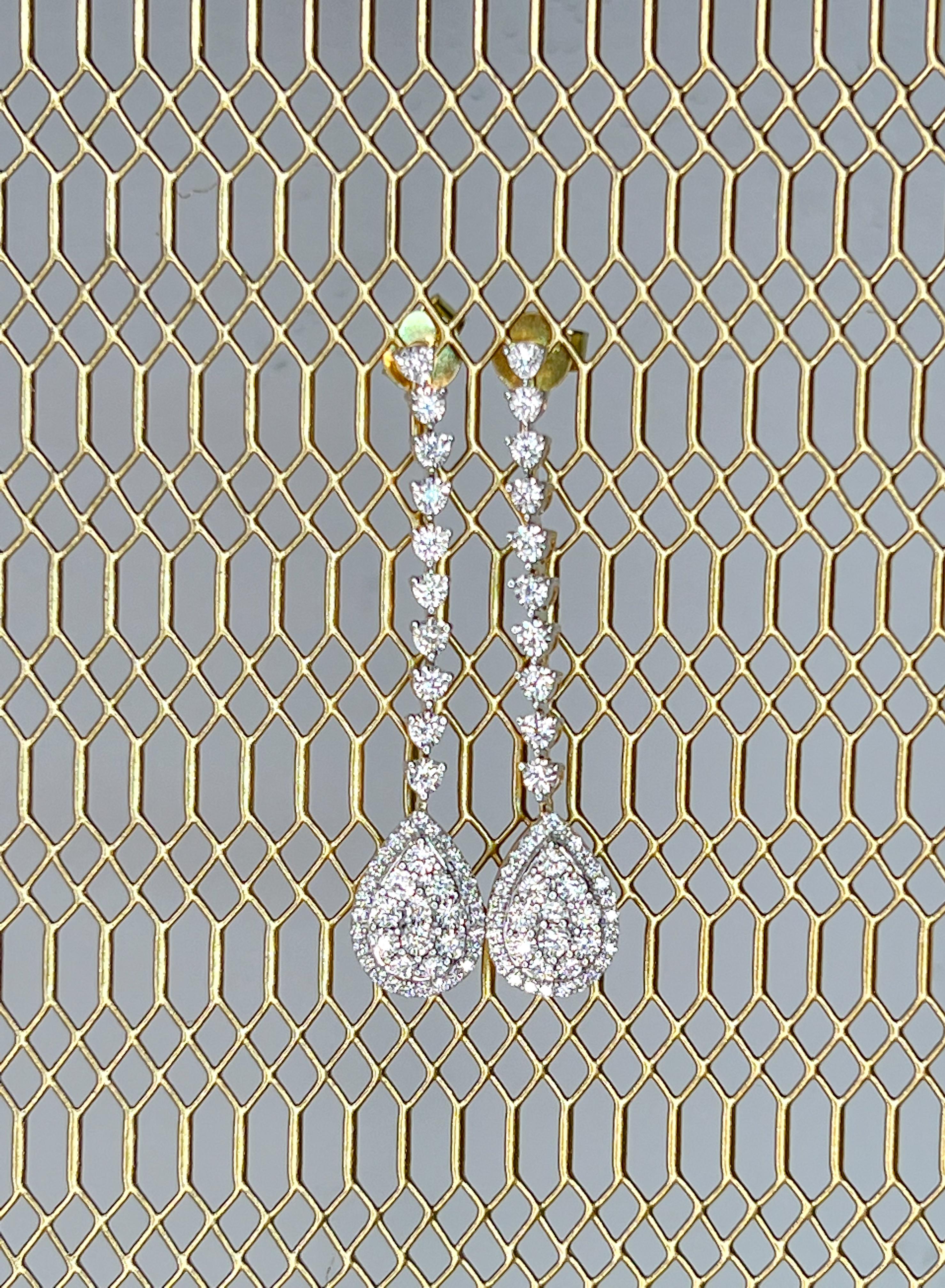 Art Nouveau 18KTY Gold Round Diamond Single Line Pear Shape Cluster Drop Dangler Earring For Sale