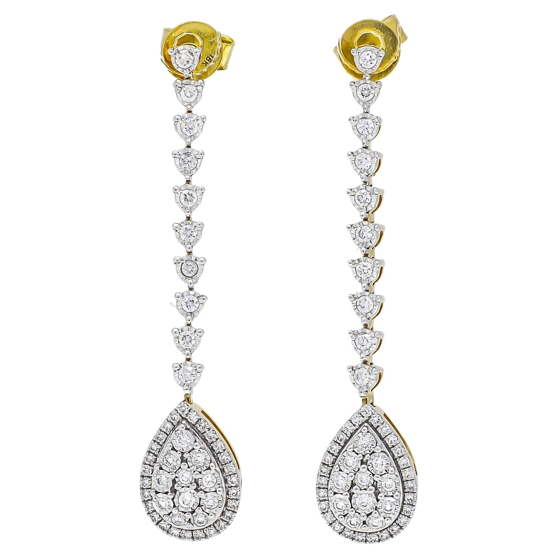18KTY Gold Round Diamond Single Line Pear Shape Cluster Drop Dangler Earring For Sale