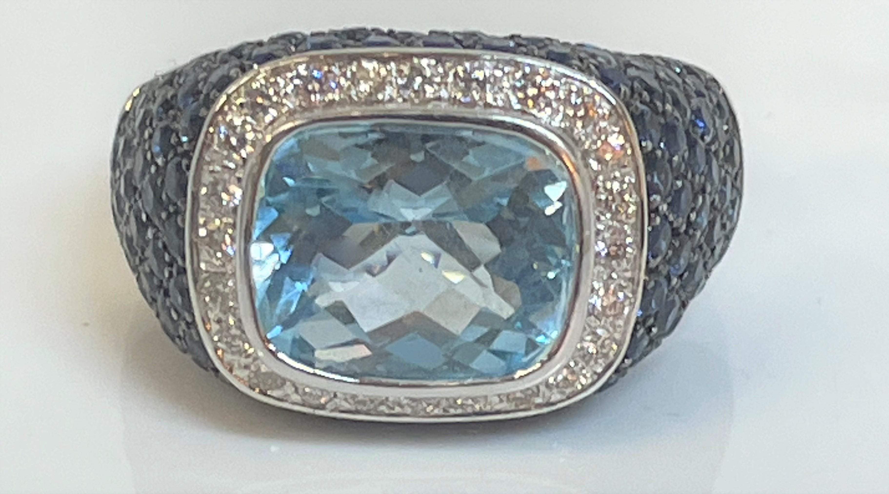 Cushion Cut 18KW 5.9ct Blue Topaz, Blue Sapphire & Diamond Ring For Sale