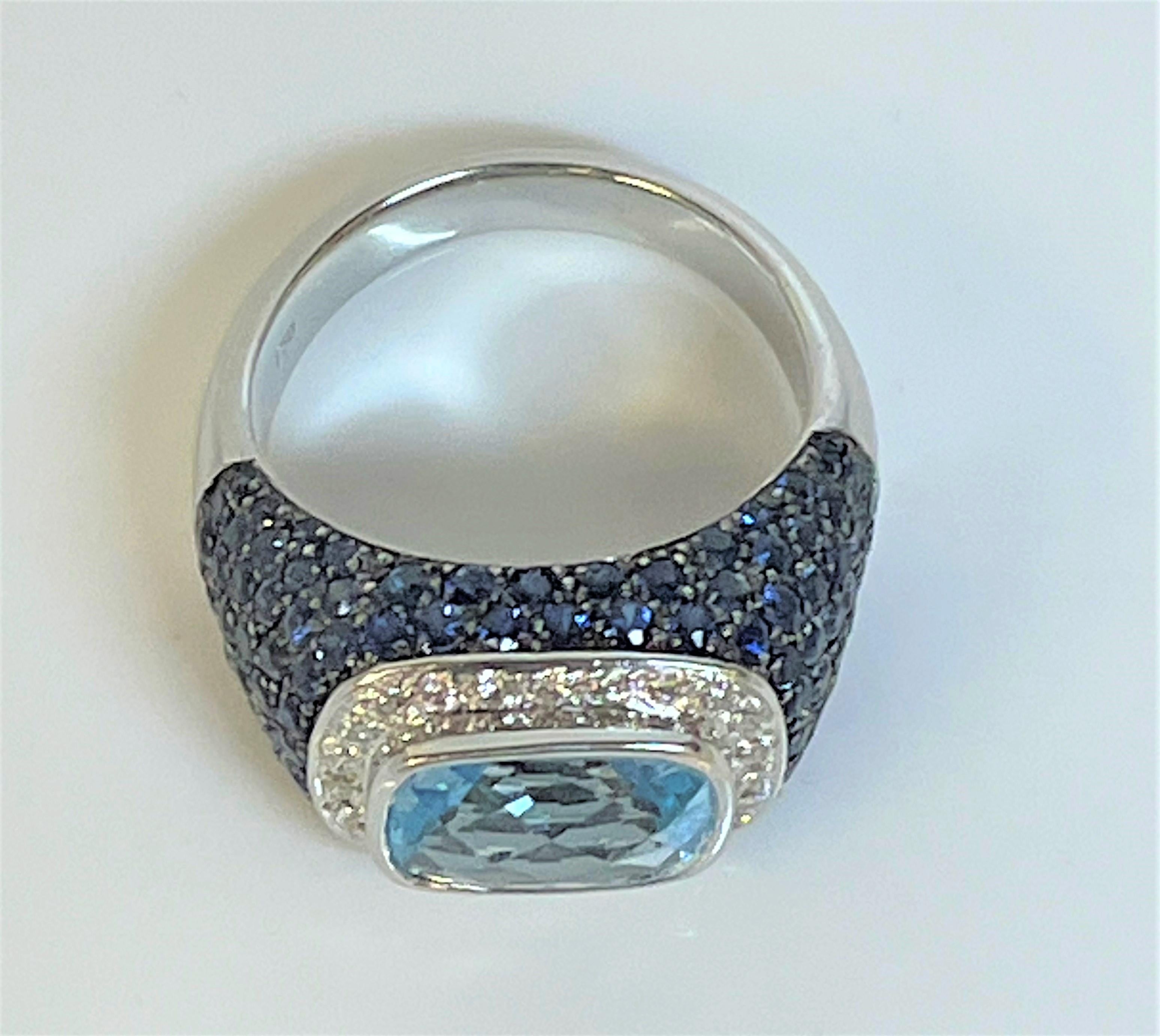 18KW 5.9ct Blue Topaz, Blue Sapphire & Diamond Ring In Excellent Condition For Sale In Cincinnati, OH