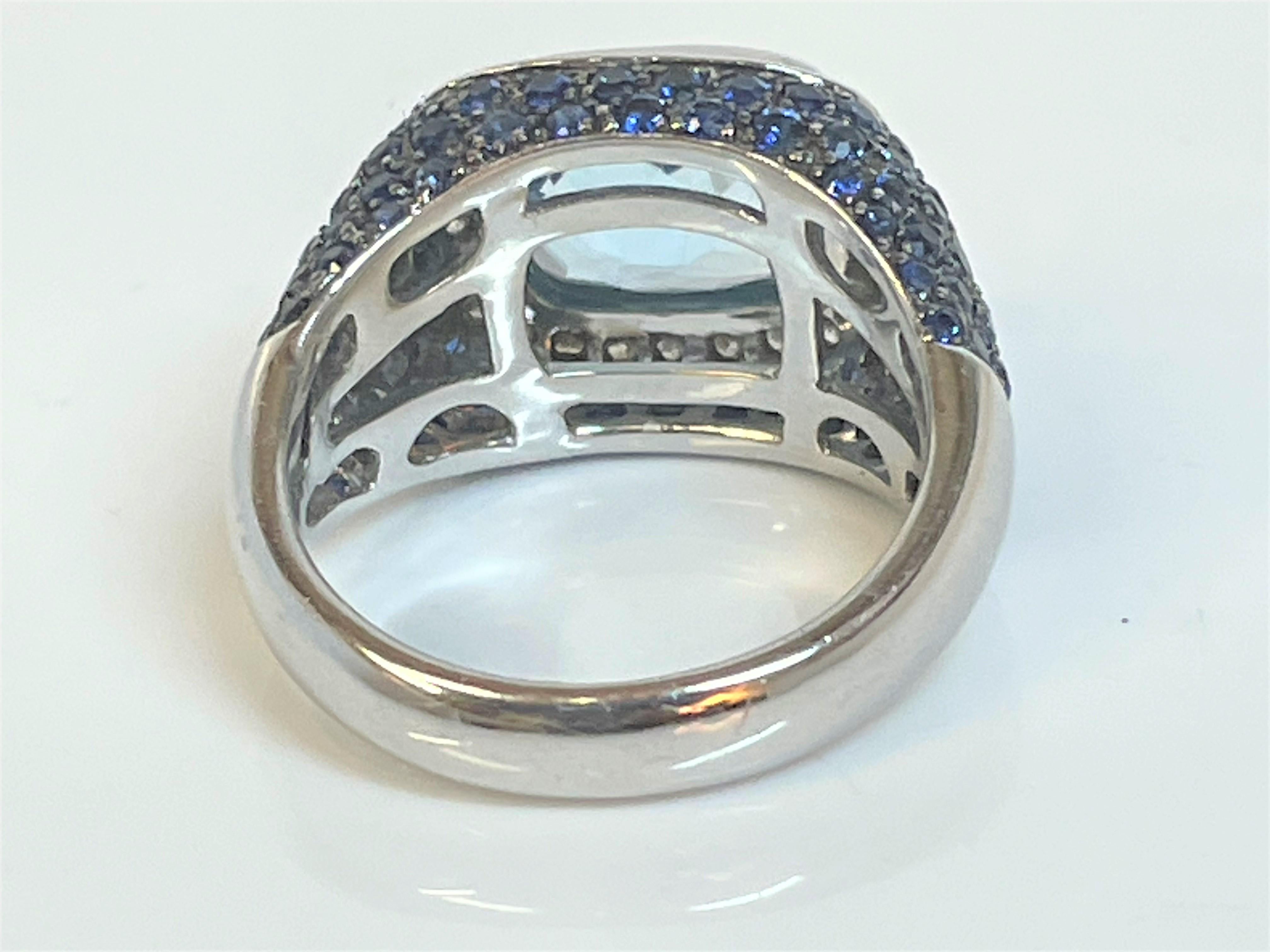 18KW 5.9ct Blue Topaz, Blue Sapphire & Diamond Ring For Sale 1