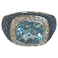 Vintage 18KW 5.9ct Blue Topaz, Blue Sapphire & Diamond Ring