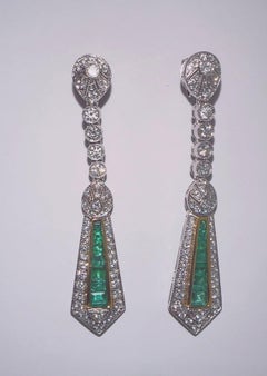 18KW Antique Diamond and Emerald long drop earrings