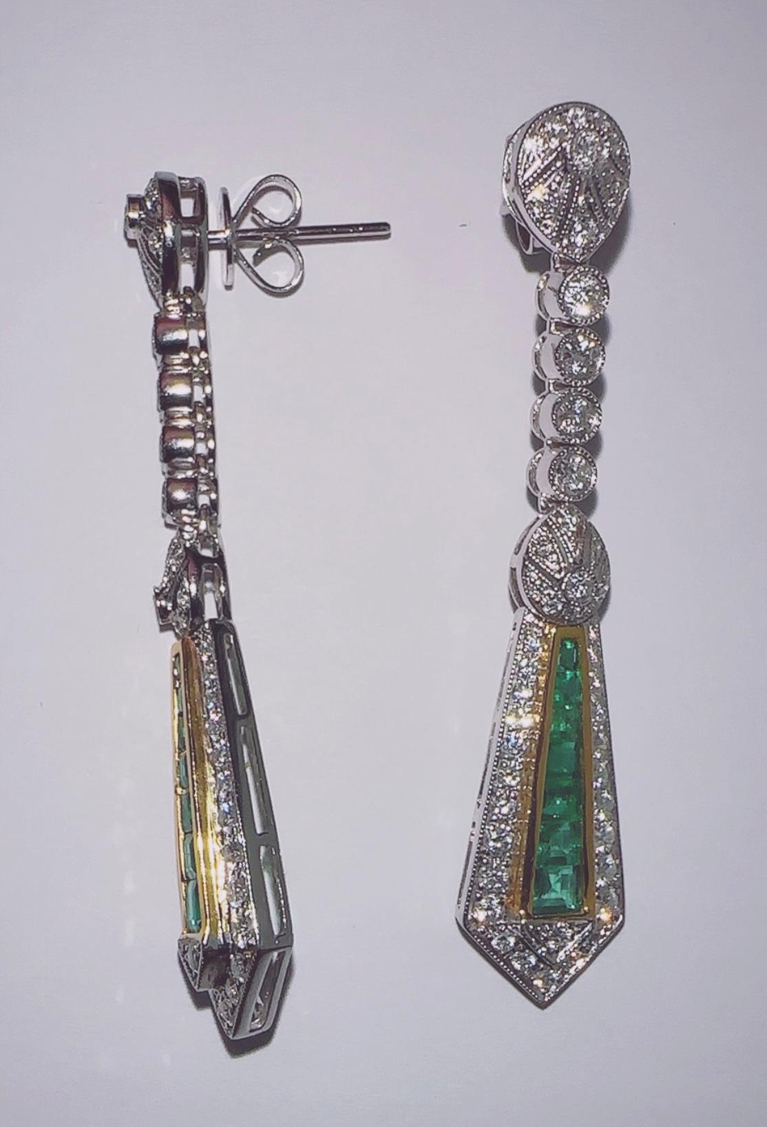 Contemporary 18KW Antique Diamond and Emerald long drop earrings For Sale