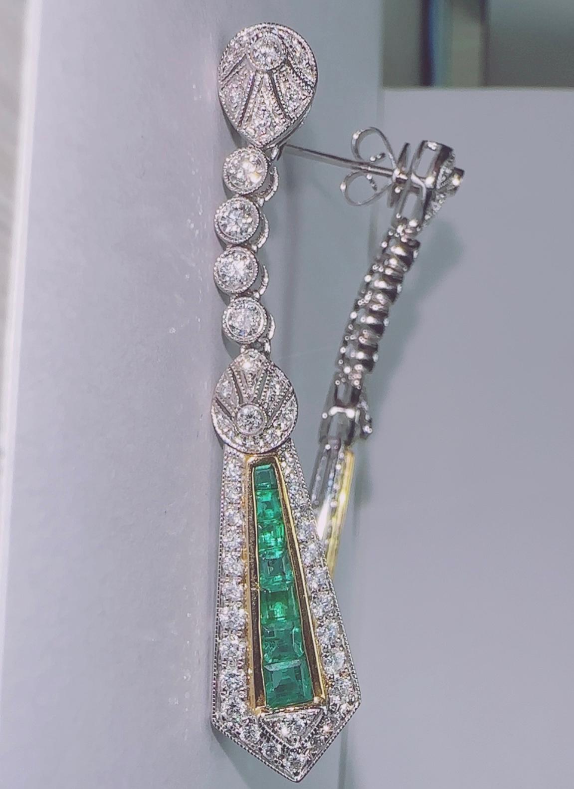 Emerald Cut 18KW Antique Diamond and Emerald long drop earrings For Sale