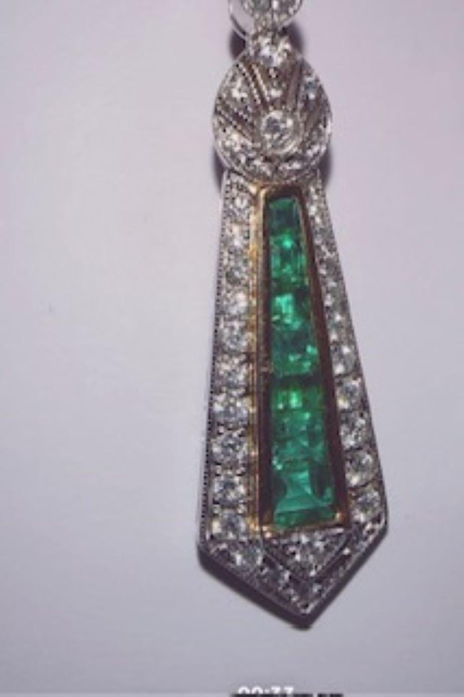 Women's or Men's 18KW Antique Diamond and Emerald long drop earrings For Sale