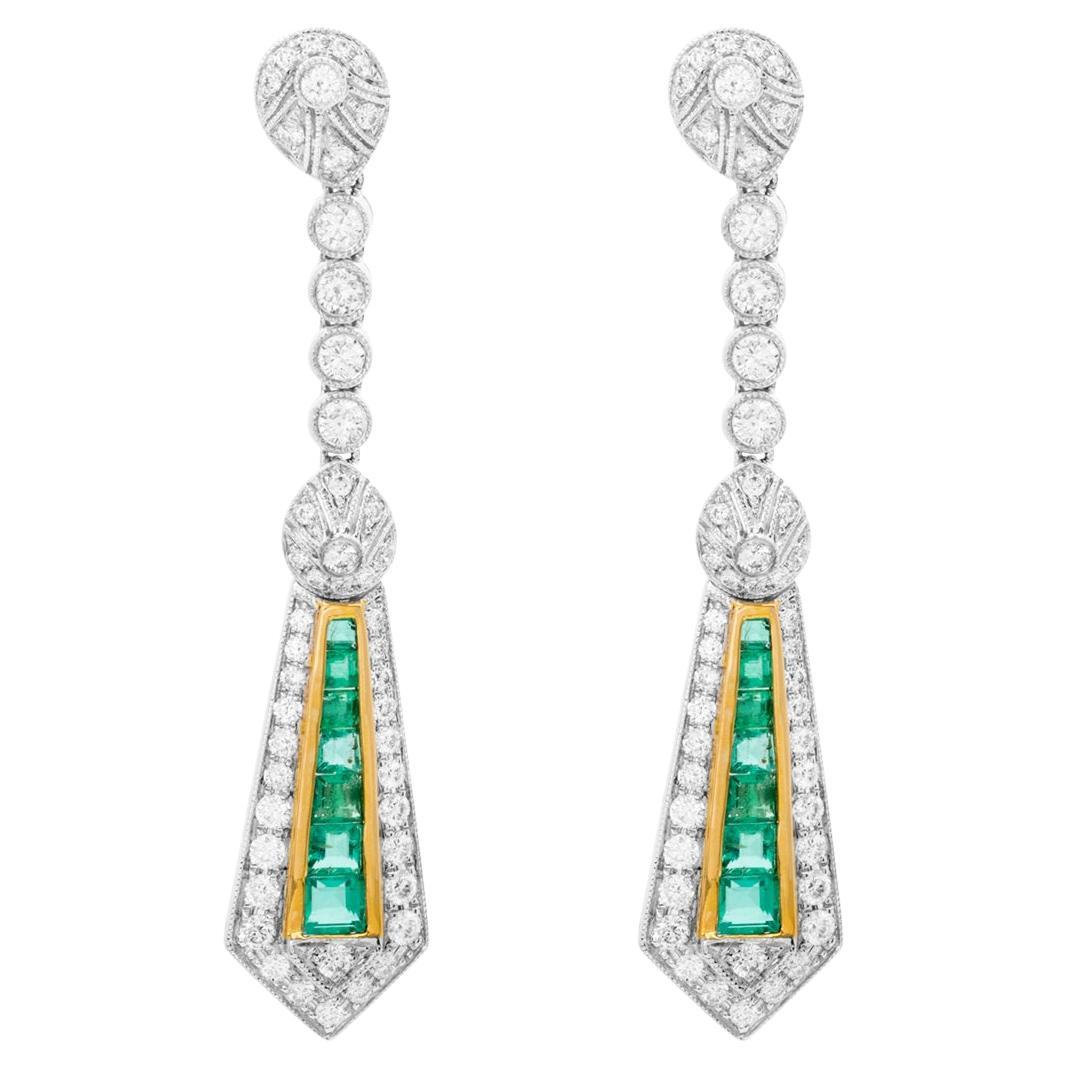 18KW Antique Diamond and Emerald long drop earrings