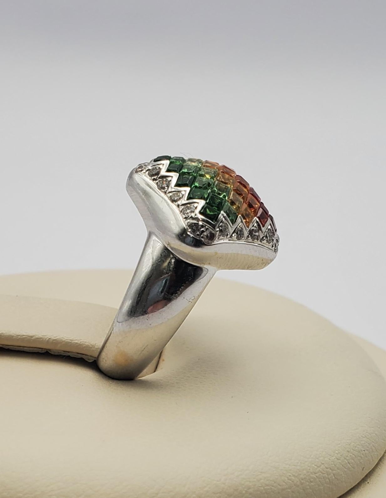 Modern 18KW Chameleon Ombre Gradient Ruby, Citrine & Tsavorite Garnet Ring For Sale
