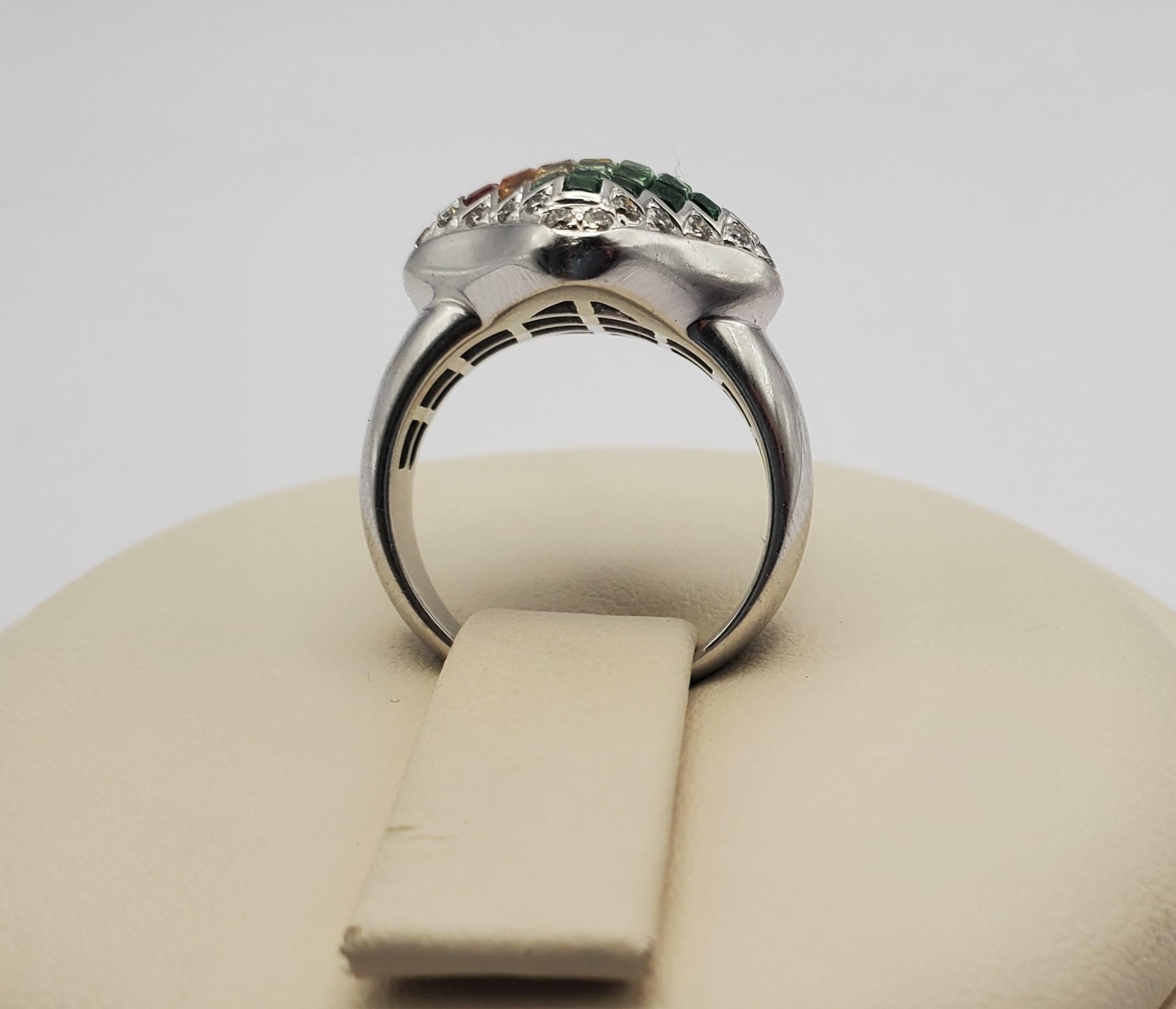 Princess Cut 18KW Chameleon Ombre Gradient Ruby, Citrine & Tsavorite Garnet Ring For Sale