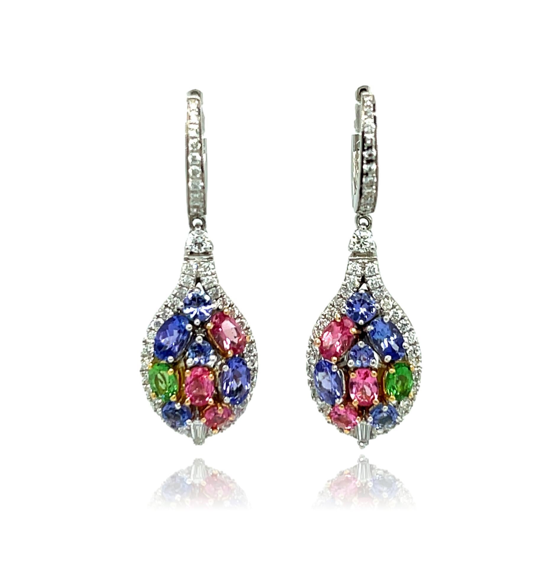 Brilliant Cut 18KW Fancy Dangling Multi Gemstone and Diamond Earrings