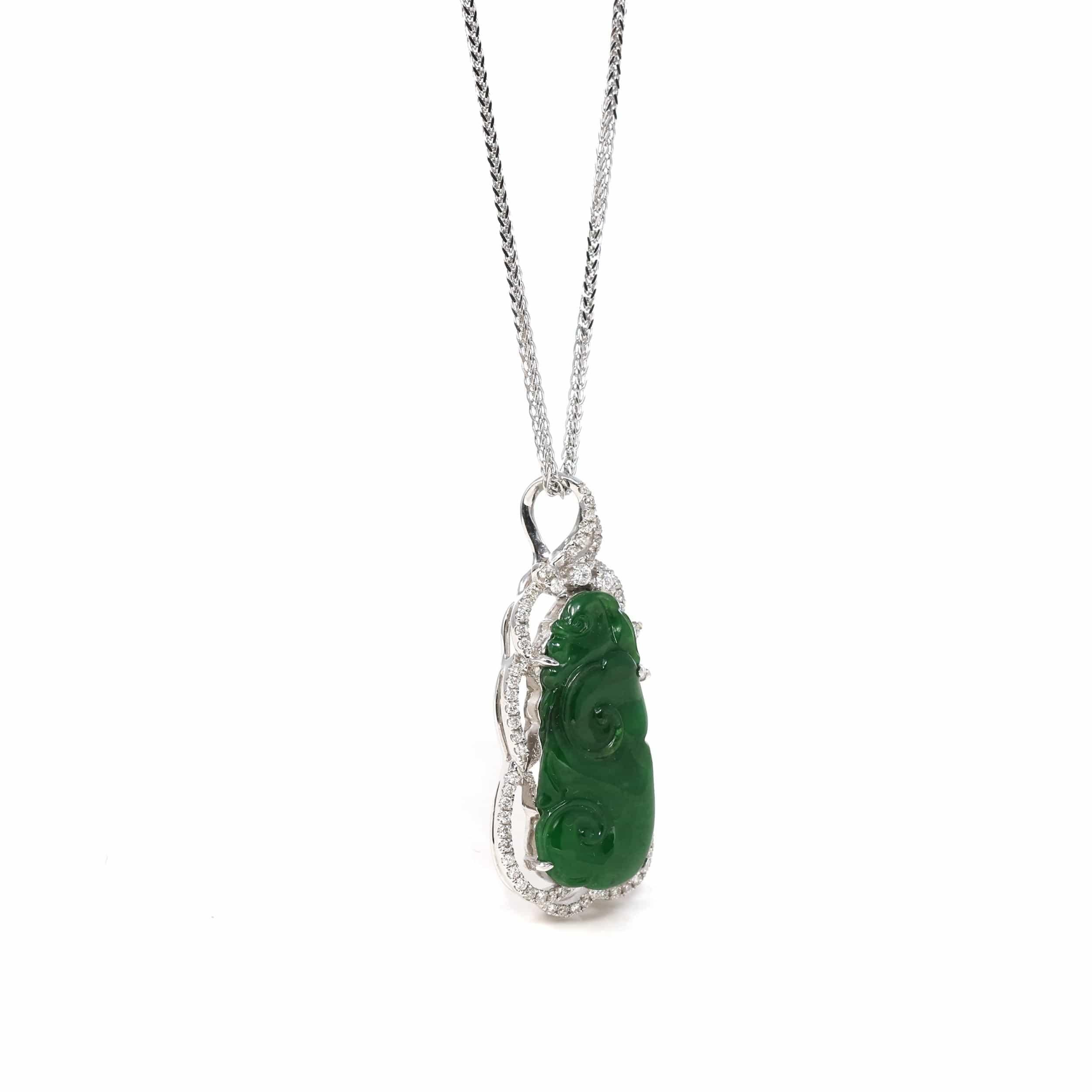 * DESIGN CONCEPT--- This necklace depicts a timeless symbol seen in jade. Representing calmness, happiness and contentment. The value of the piece comes from the natural Burmese imperial green jadeite jade. As photographed, the translucency of the