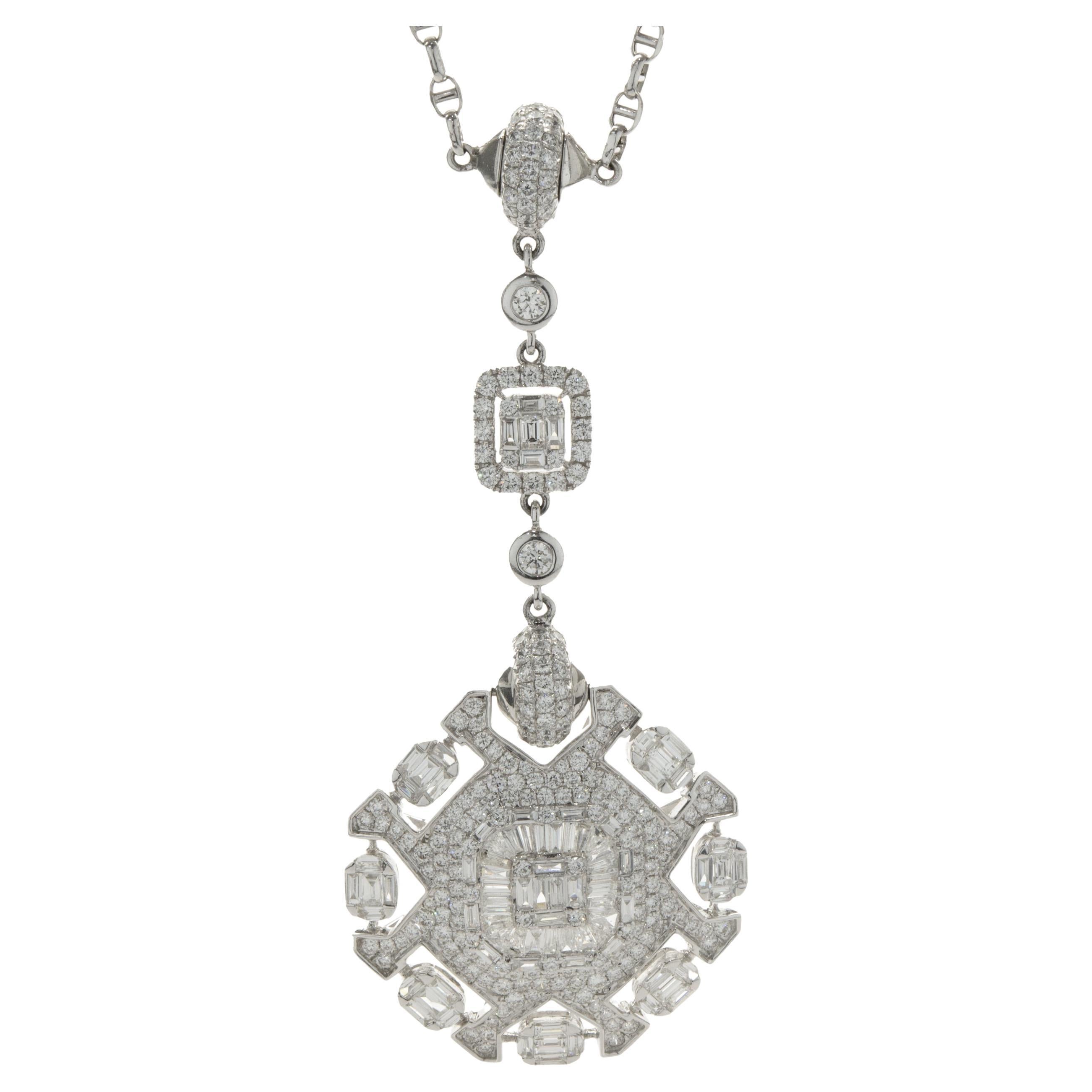 18KW Pave Diamond Ornate Necklace with Mosaic Center and Pave Diamond Stations