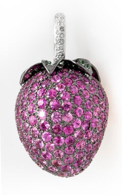 18 Karat White Pink Sapphire and Tsavorite Strawberry Pendant