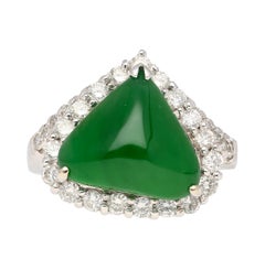 18KW Ring with Type A Jadeite Jade Cabochon Cut Triangle Shape and Diamond Halo