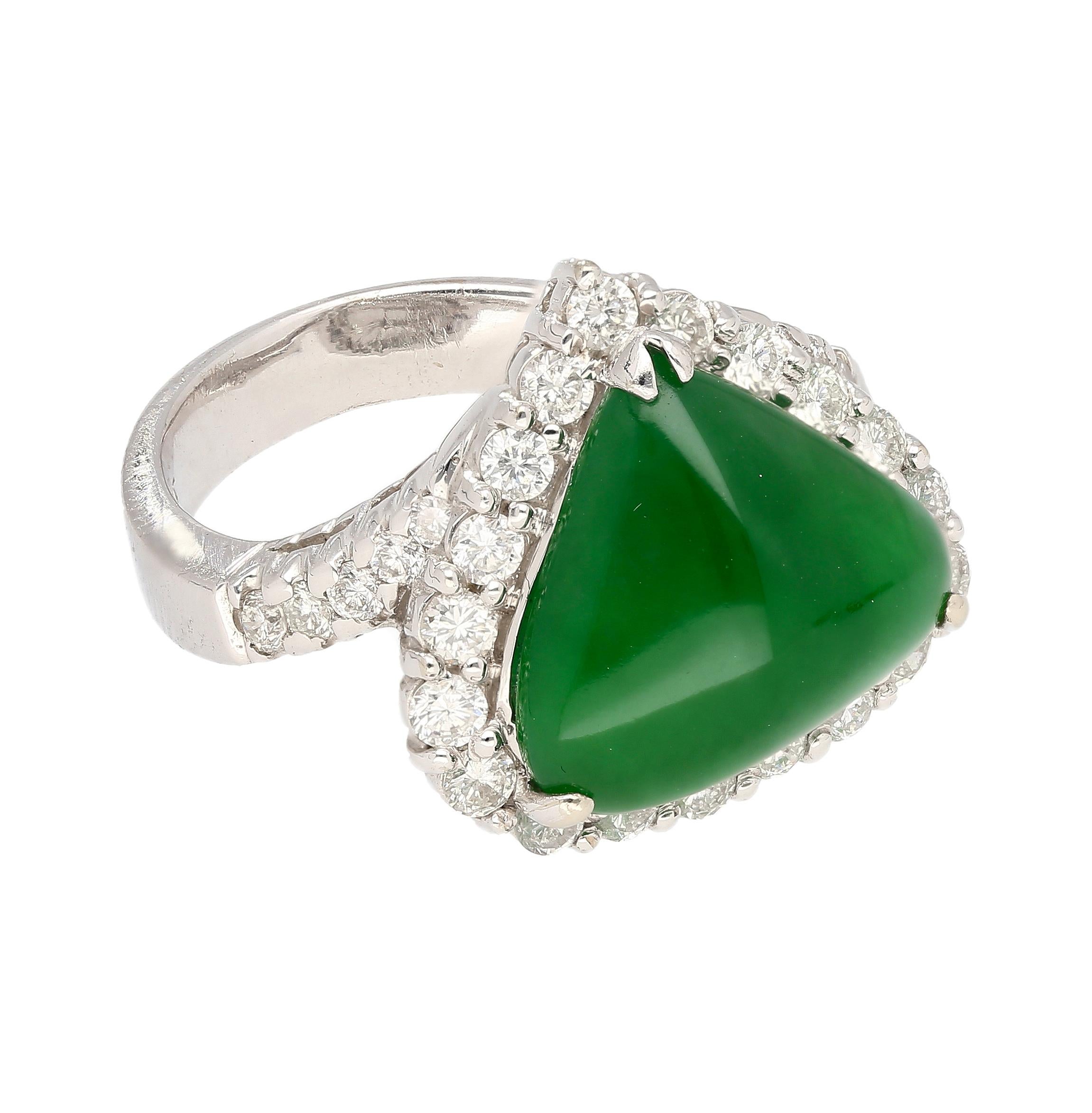 Art Deco 18KW Ring with Type A Jadeite Jade Cabochon Cut Triangle Shape and Diamond Halo For Sale