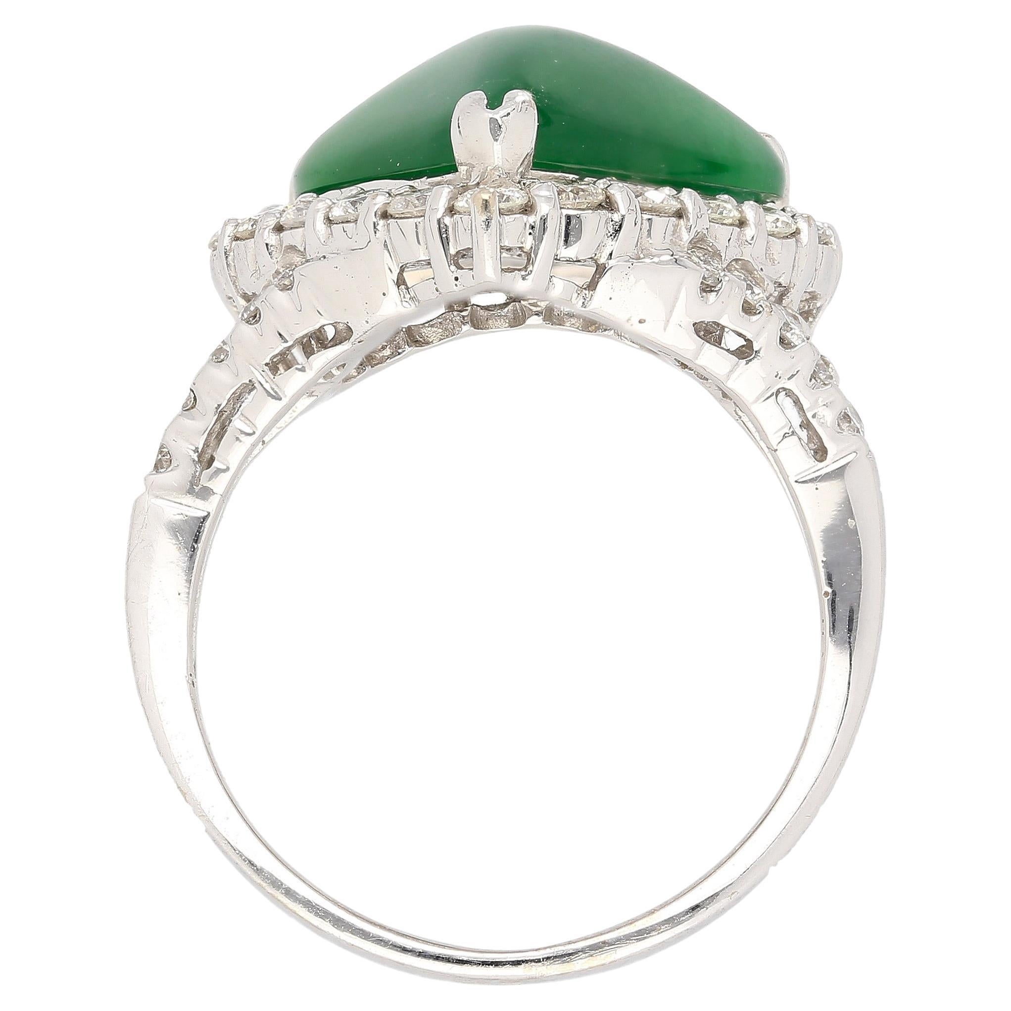 18KW Ring with Type A Jadeite Jade Cabochon Cut Triangle Shape and Diamond Halo For Sale 1