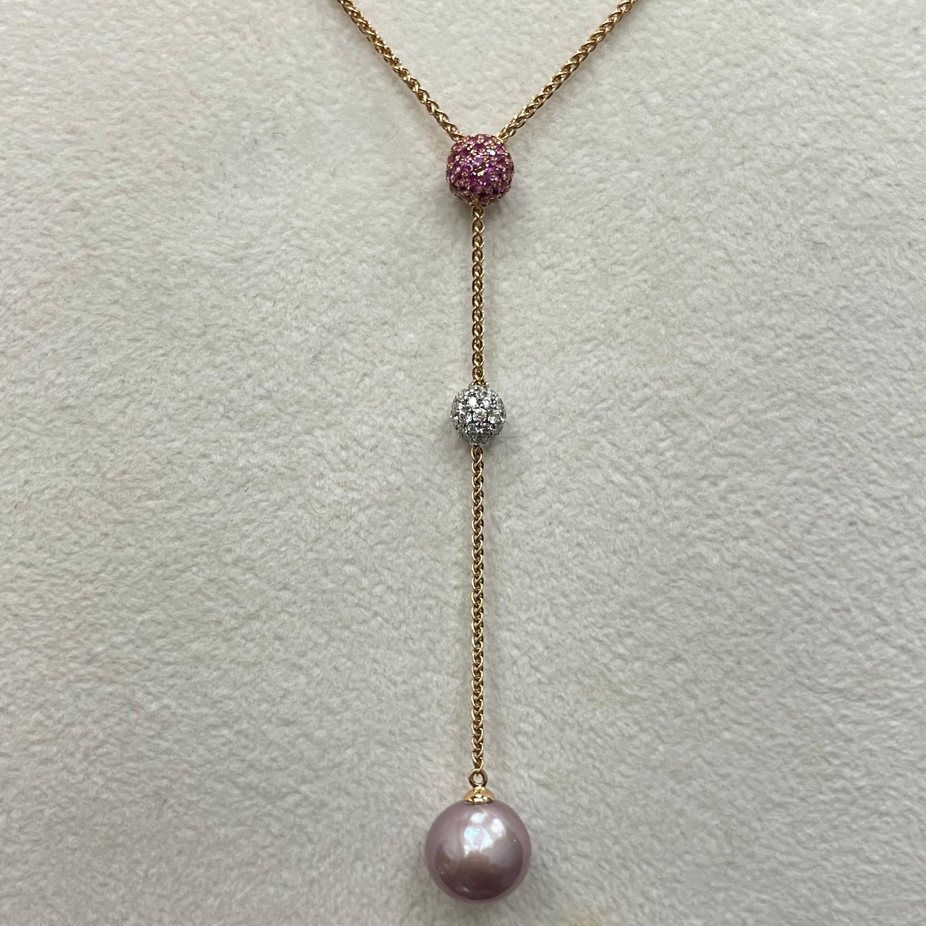 Modern 18KW Rose Gold Diamond and Pink Sapphire Ball with Freshwater Pearl Necklace For Sale