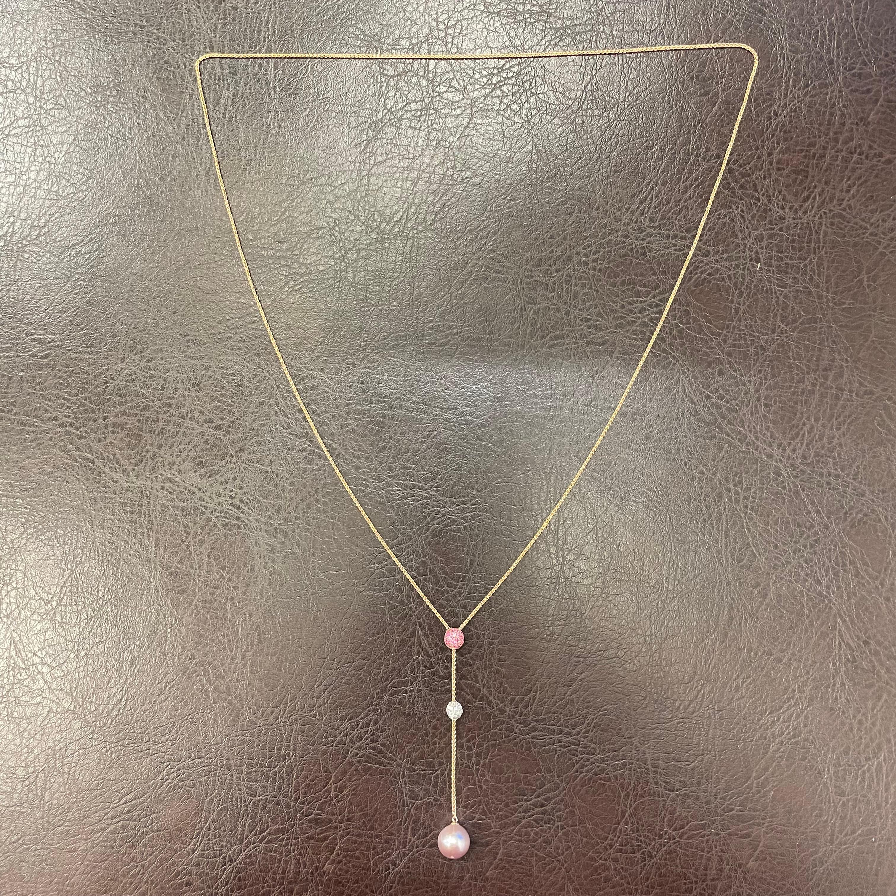 18KW Rose Gold Diamond and Pink Sapphire Ball with Freshwater Pearl Necklace For Sale 1