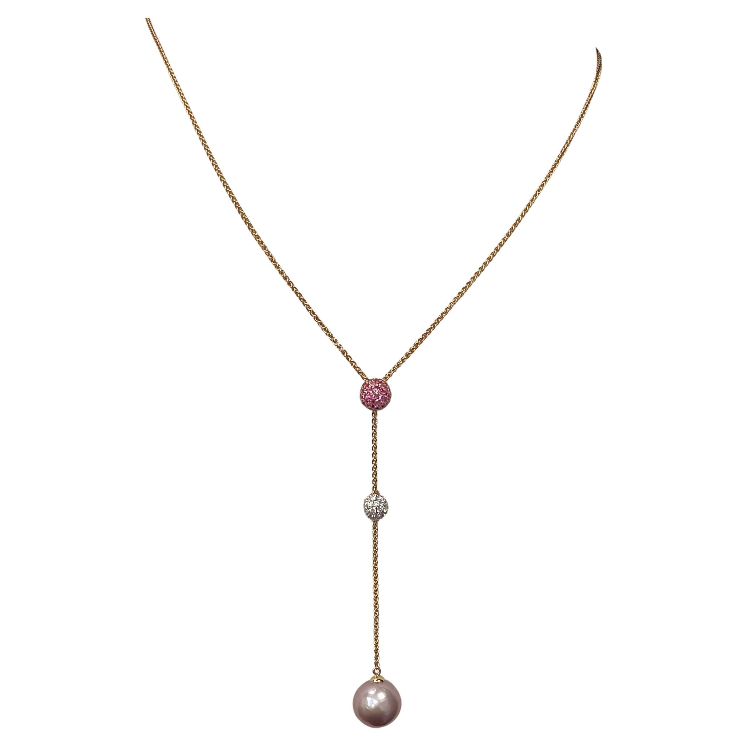 18KW Rose Gold Diamond and Pink Sapphire Ball with Freshwater Pearl Necklace For Sale
