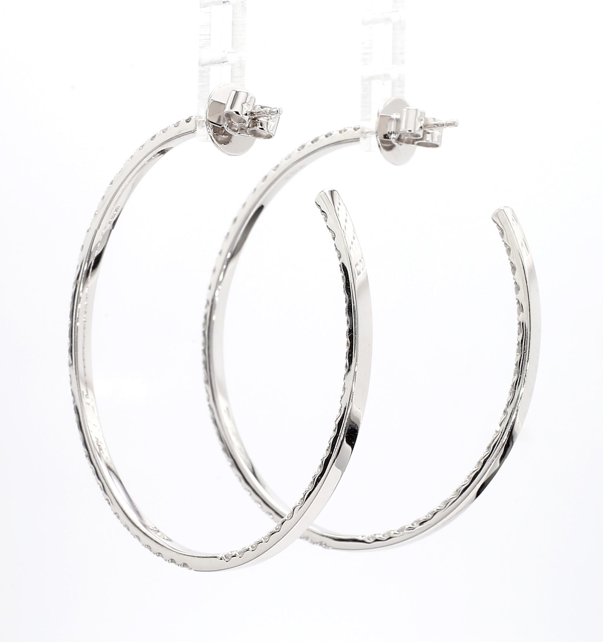 18KWG 2 Inch 4 CTS Diamond Hoop Earring For Sale 1
