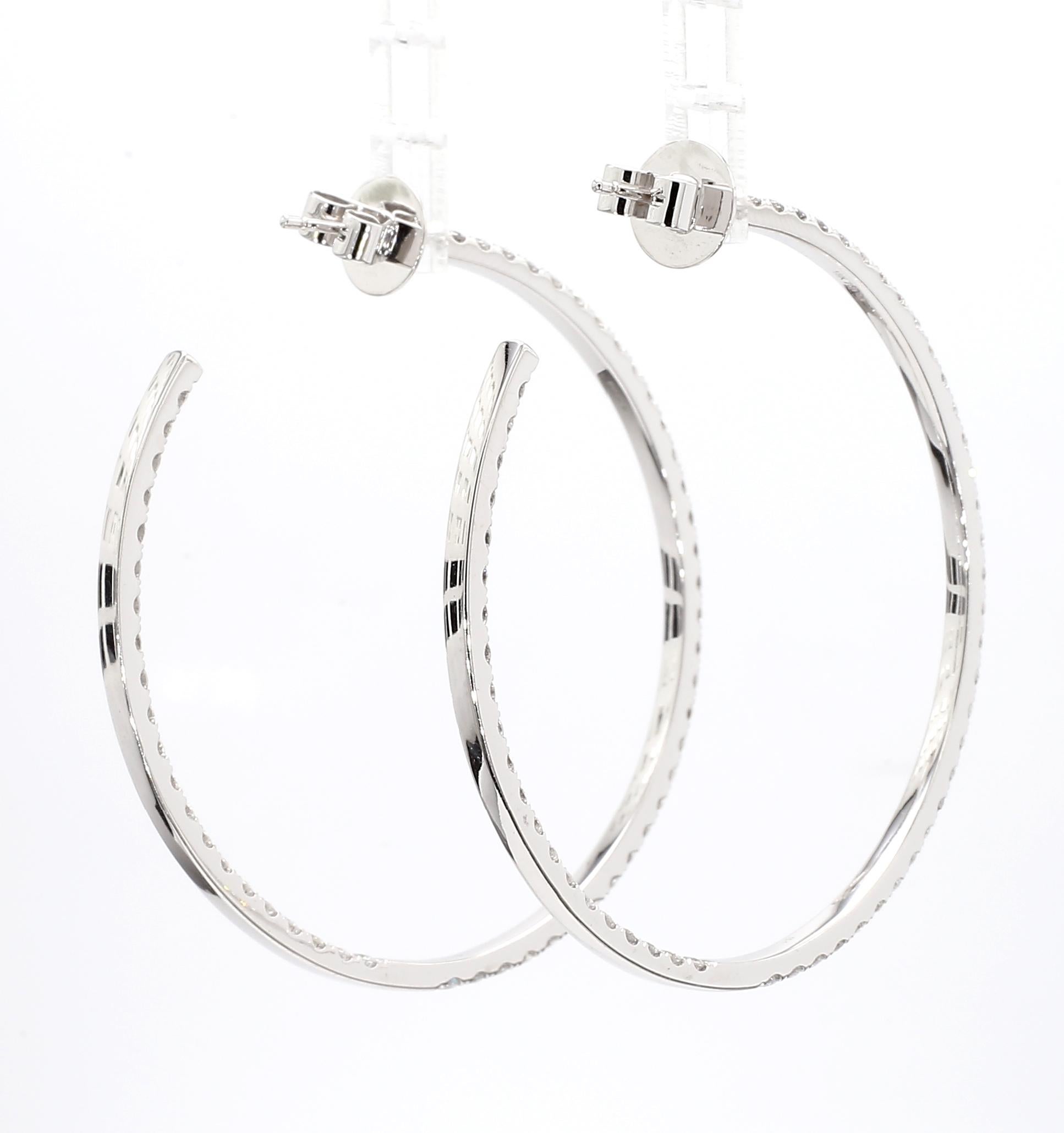 18KWG 2 Inch 4 CTS Diamond Hoop Earring For Sale 3