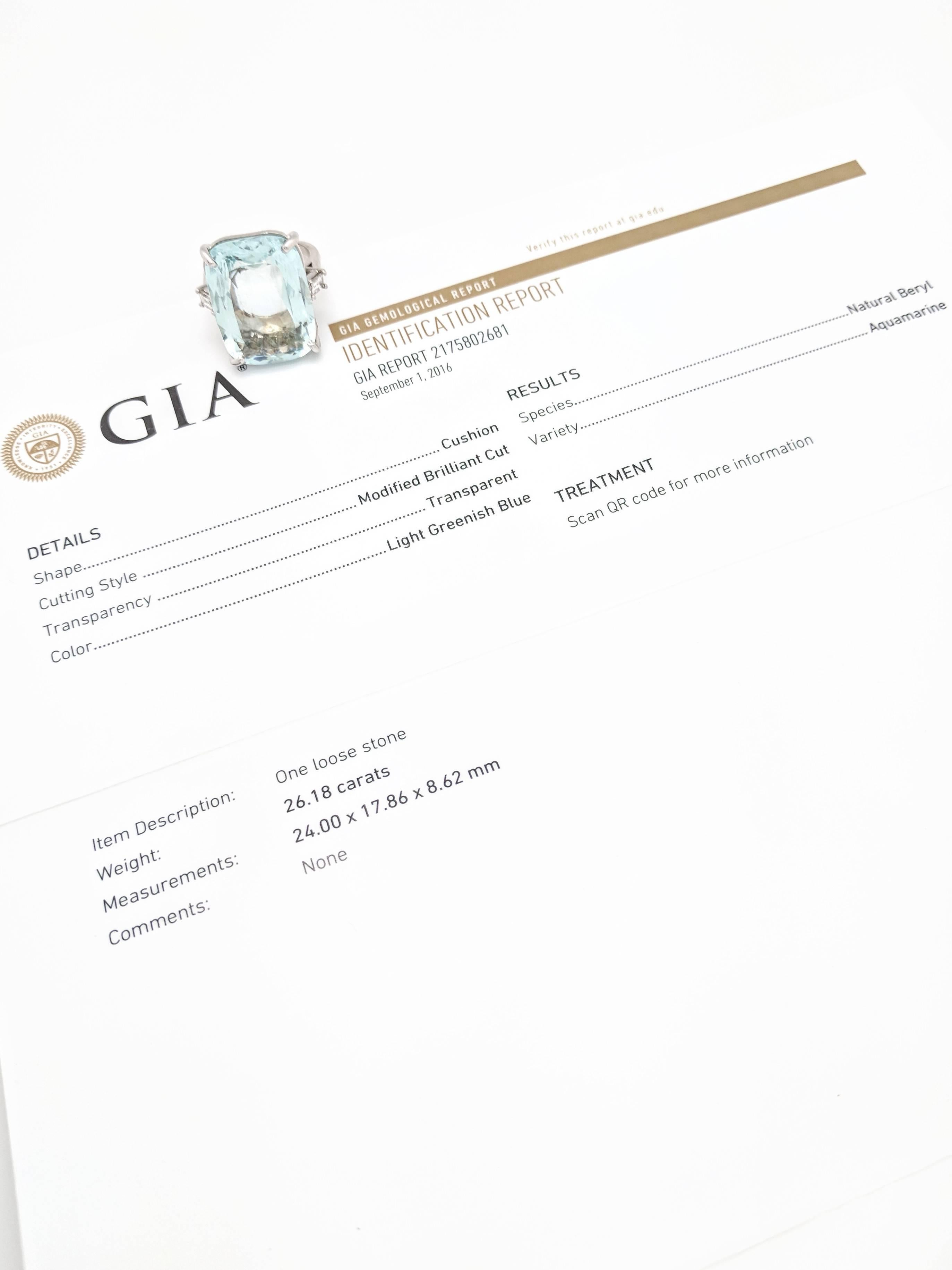 18KWG 26.18ct Natural Beryl Cushion Cut Aquamarine & Diamond Ring GIA Certified 5