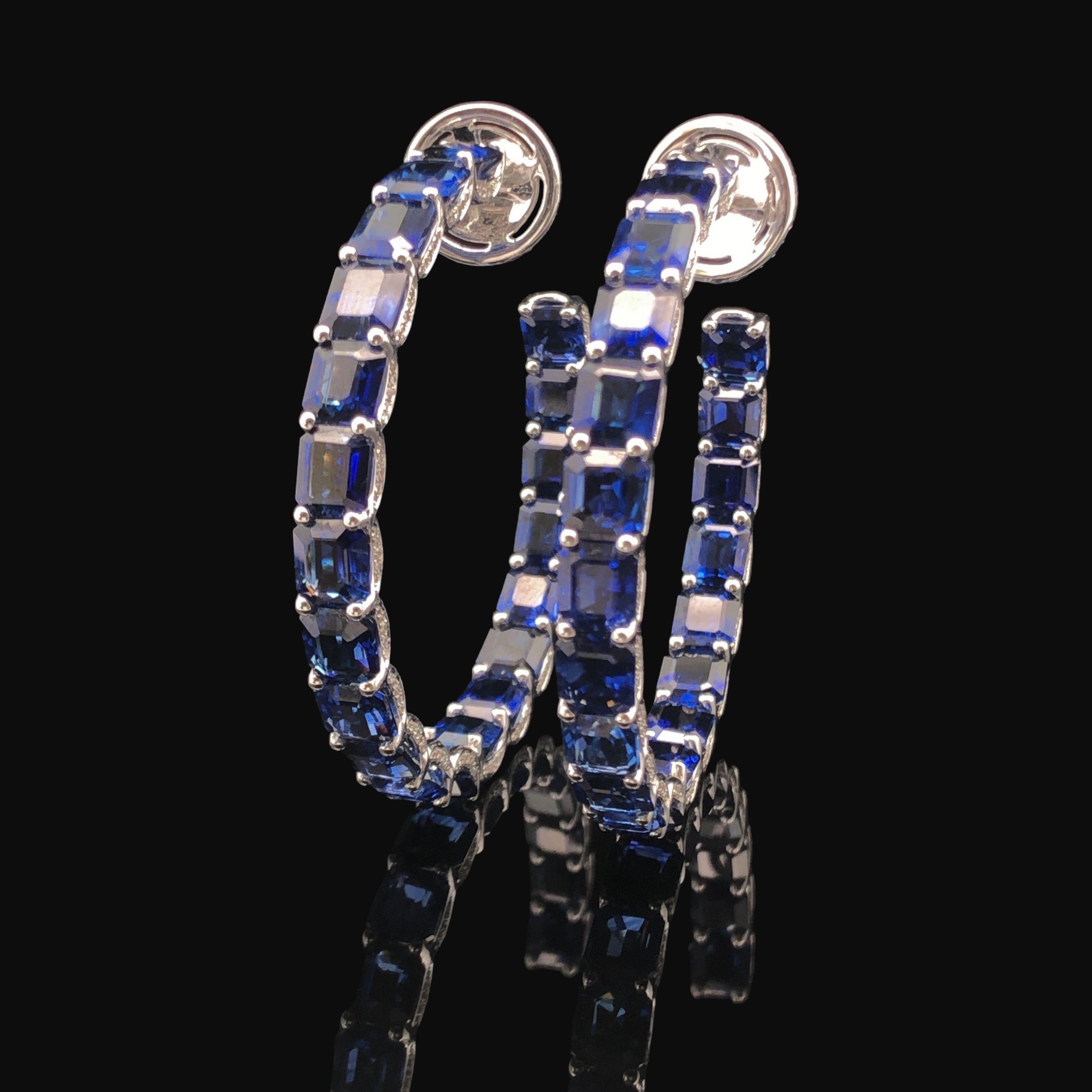 Women's or Men's 18KWG 32 CTS Ceylon Sapphire and Diamond Large Hoop Earring For Sale