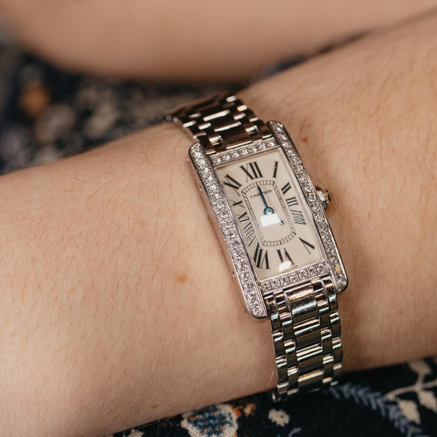 Women's 18KWG Cartier Diamond Face Tank Américaine Watch For Sale