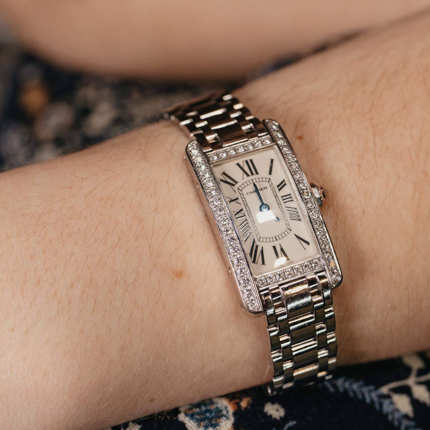 Round Cut 18KWG Cartier Diamond Face Tank Américaine Watch For Sale