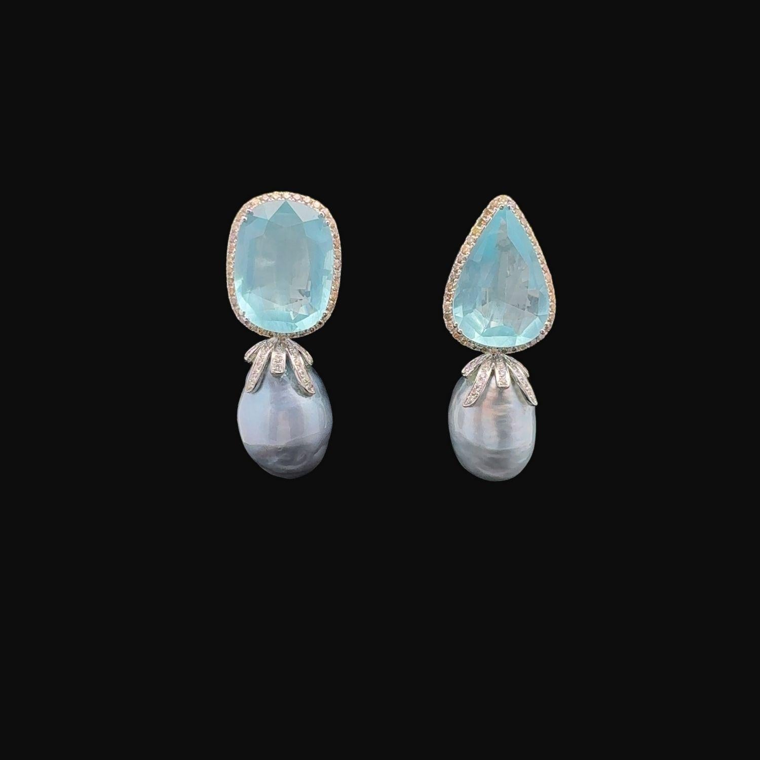 Round Cut 18KWG Grey Baroque South Sea Pearl, Aquamarine and Diamond Ear-Clips For Sale
