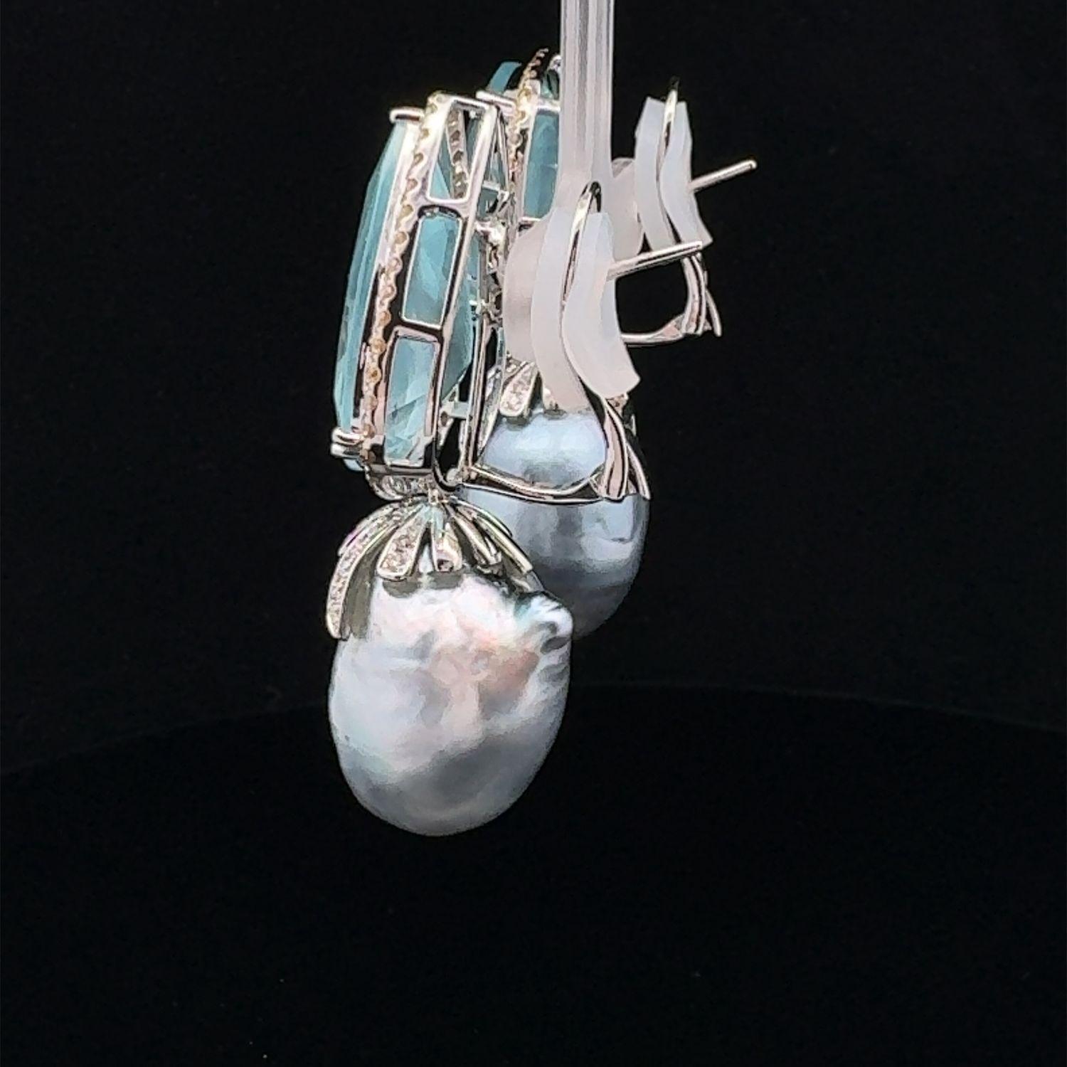 18KWG Grey Baroque South Sea Pearl, Aquamarine and Diamond Ear-Clips In New Condition For Sale In New York, NY