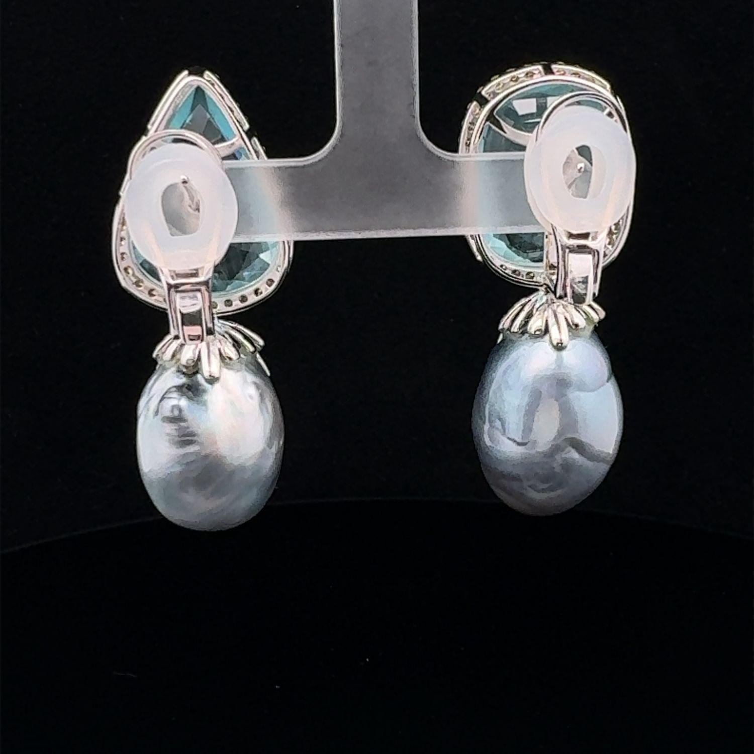 Women's or Men's 18KWG Grey Baroque South Sea Pearl, Aquamarine and Diamond Ear-Clips For Sale