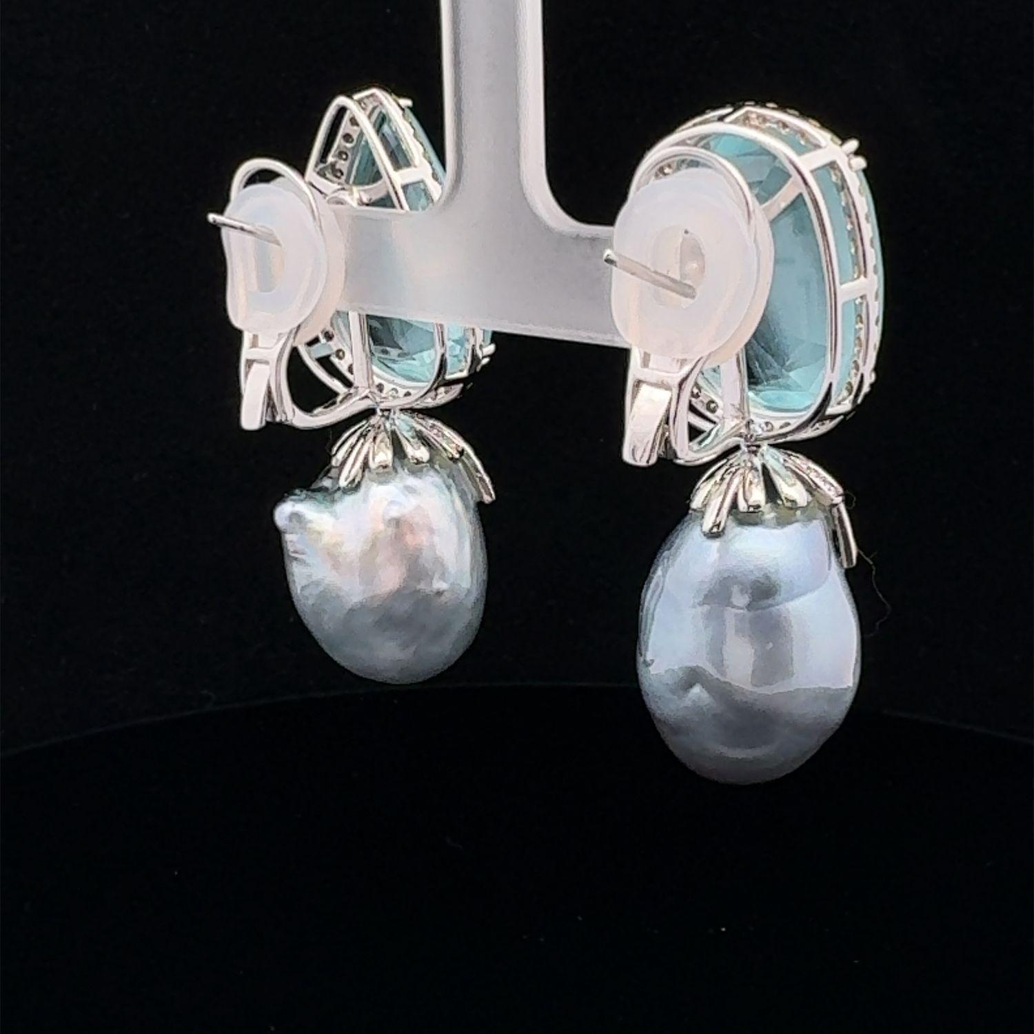 18KWG Grey Baroque South Sea Pearl, Aquamarine and Diamond Ear-Clips For Sale 1