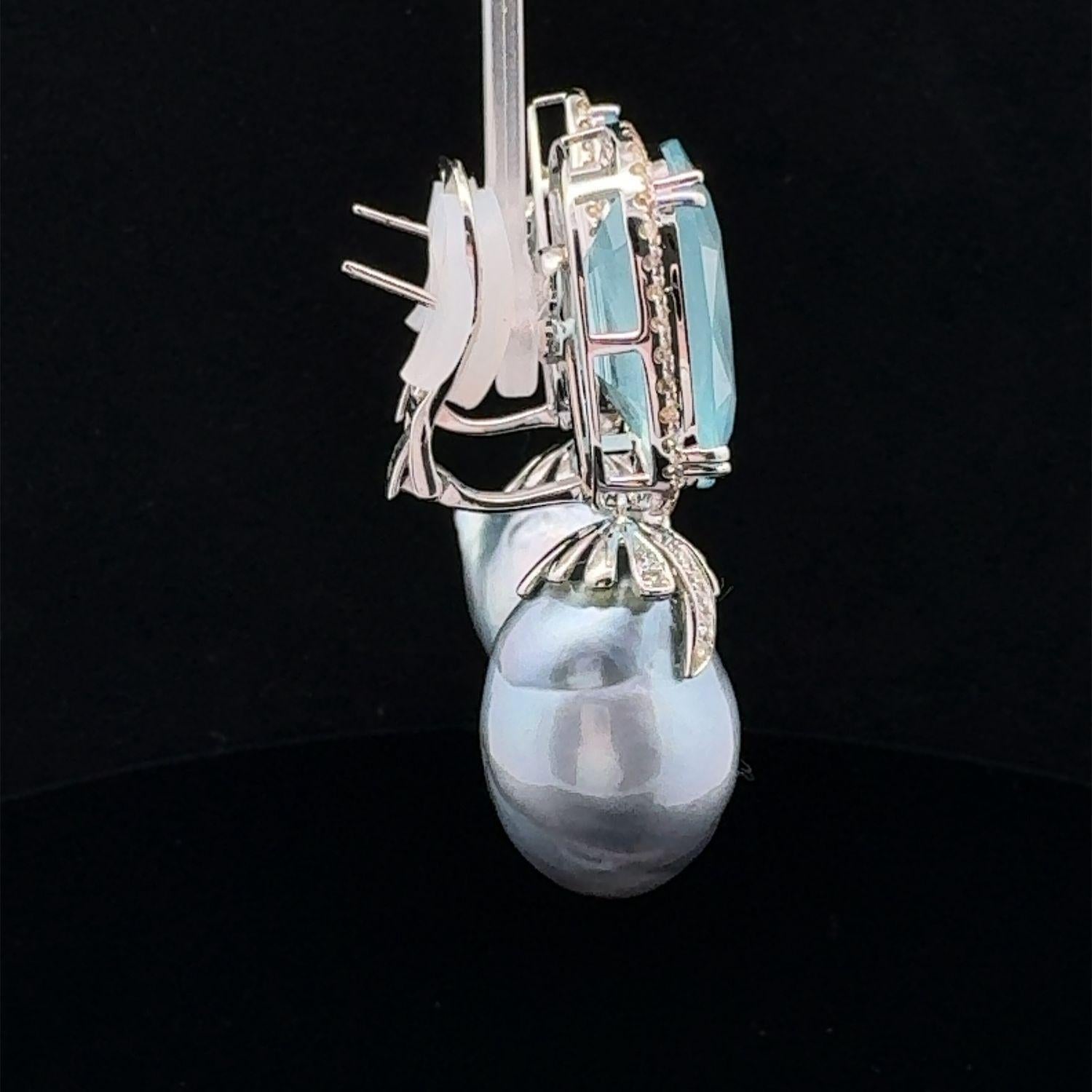 18KWG Grey Baroque South Sea Pearl, Aquamarine and Diamond Ear-Clips For Sale 2