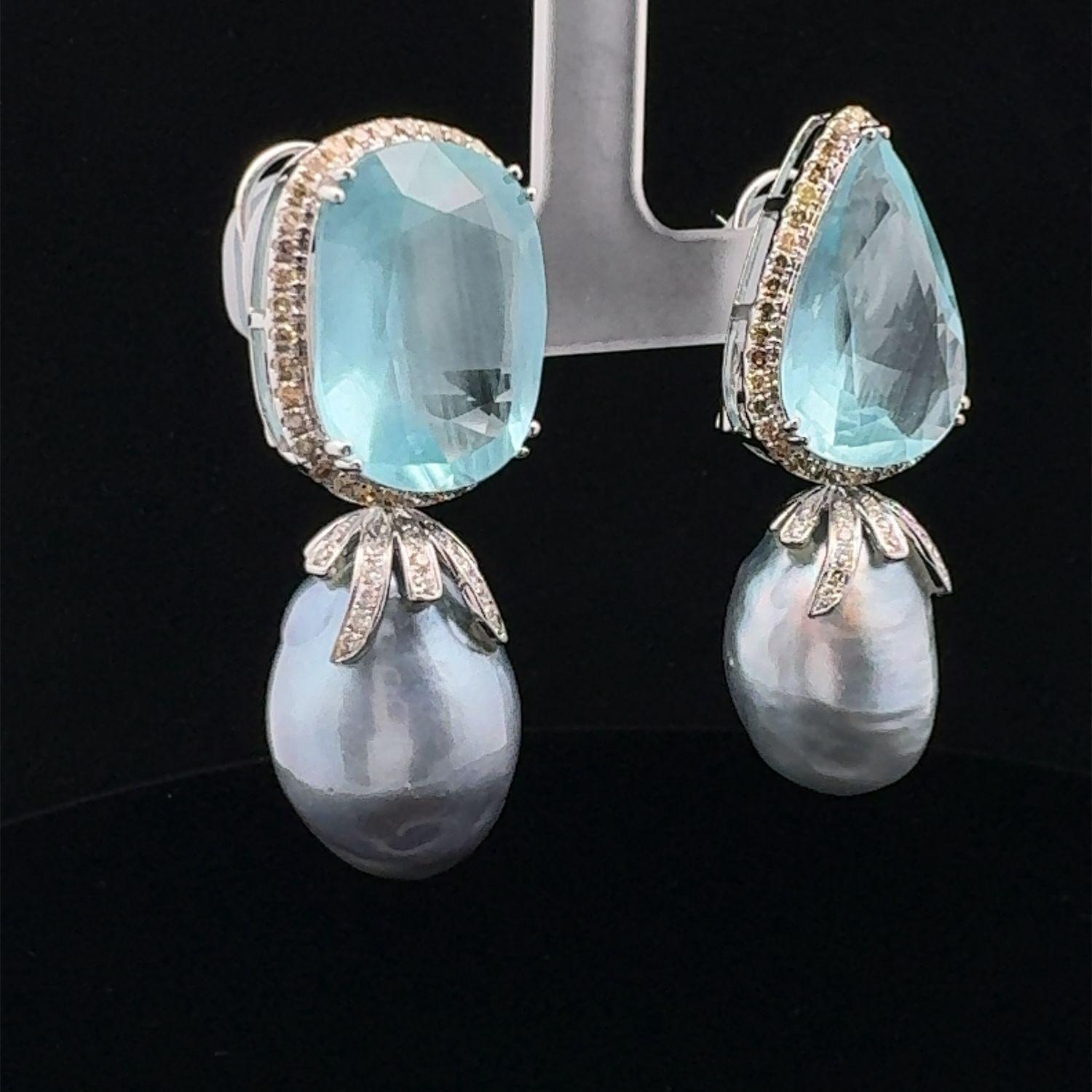 18KWG Grey Baroque South Sea Pearl, Aquamarine and Diamond Ear-Clips For Sale 3