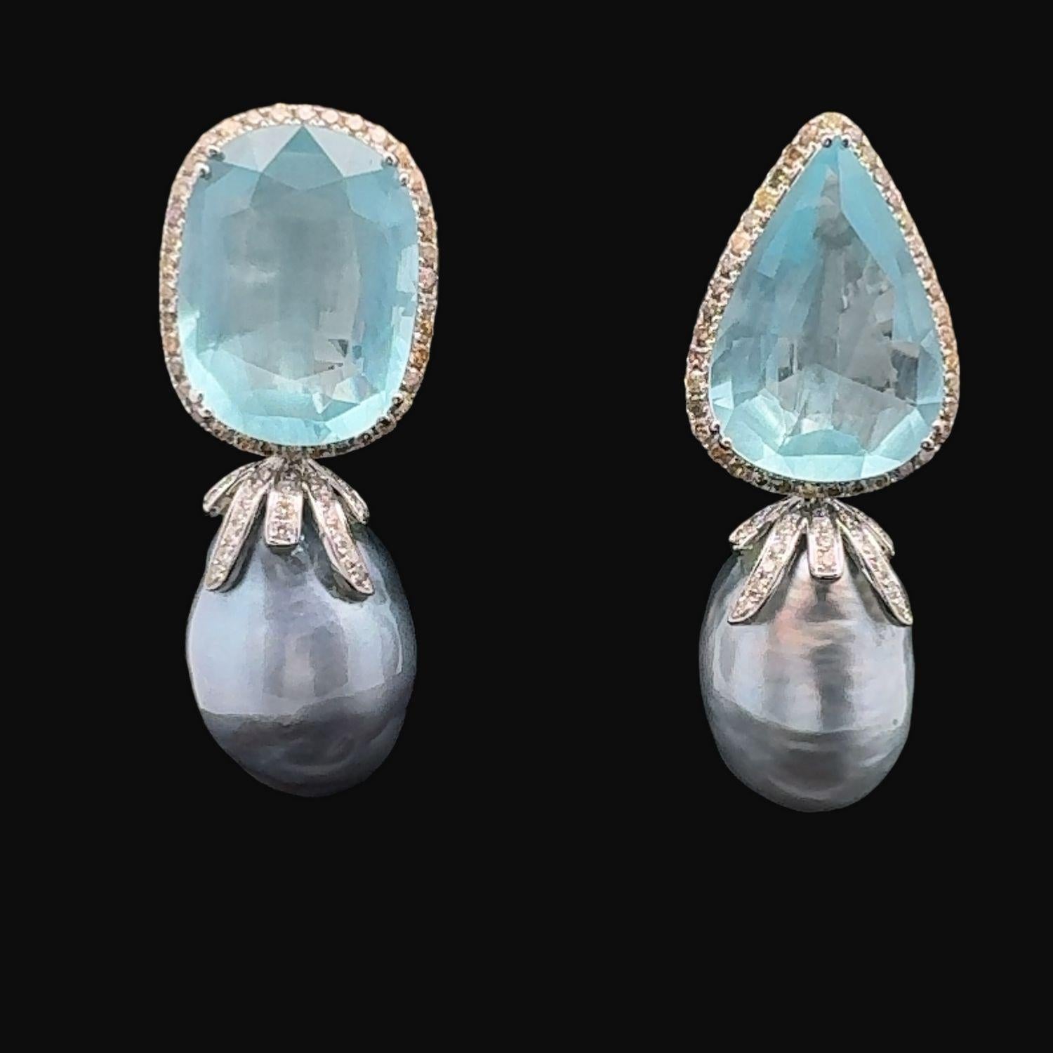 18KWG Grey Baroque South Sea Pearl, Aquamarine and Diamond Ear-Clips For Sale 4