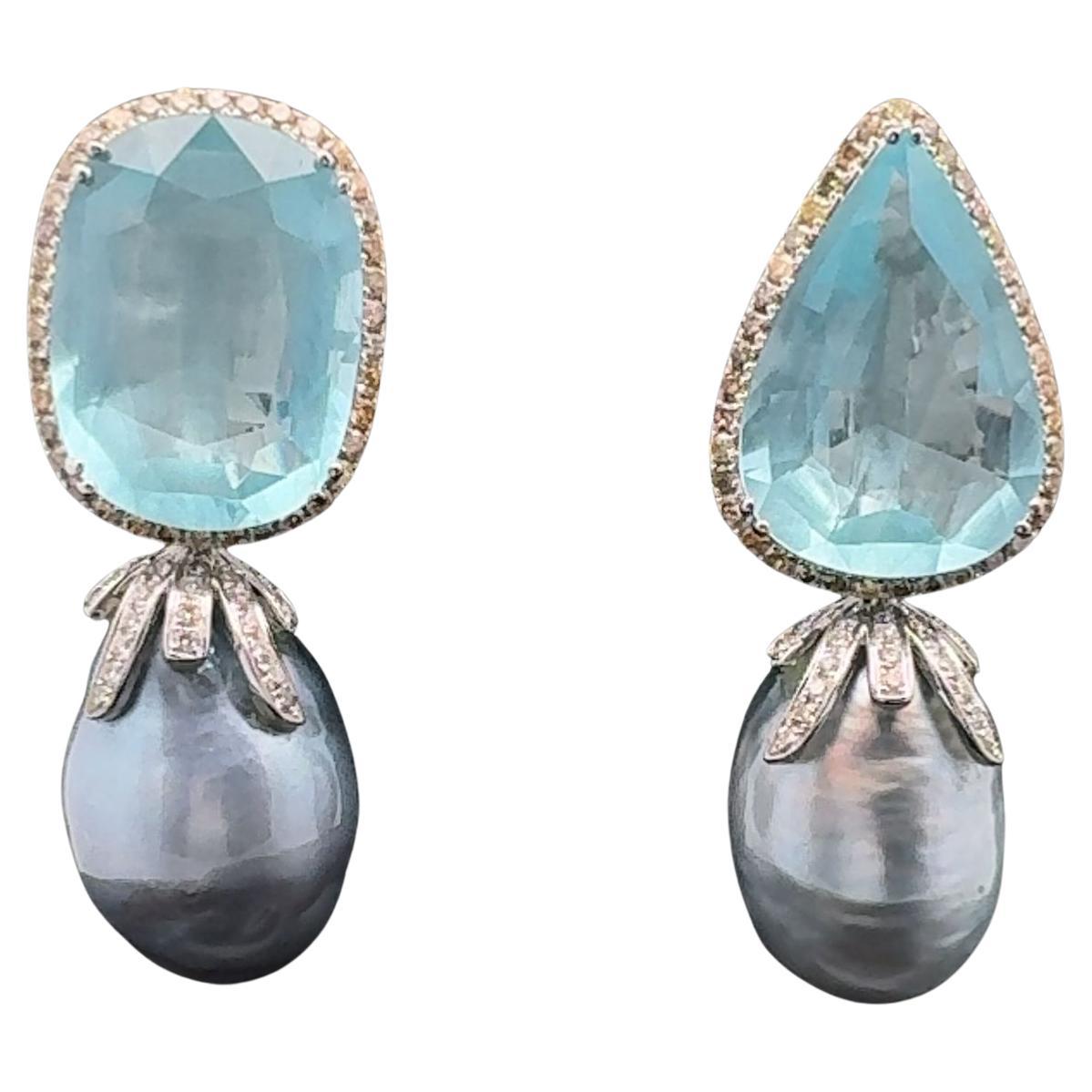 18KWG Grey Baroque South Sea Pearl, Aquamarine and Diamond Ear-Clips