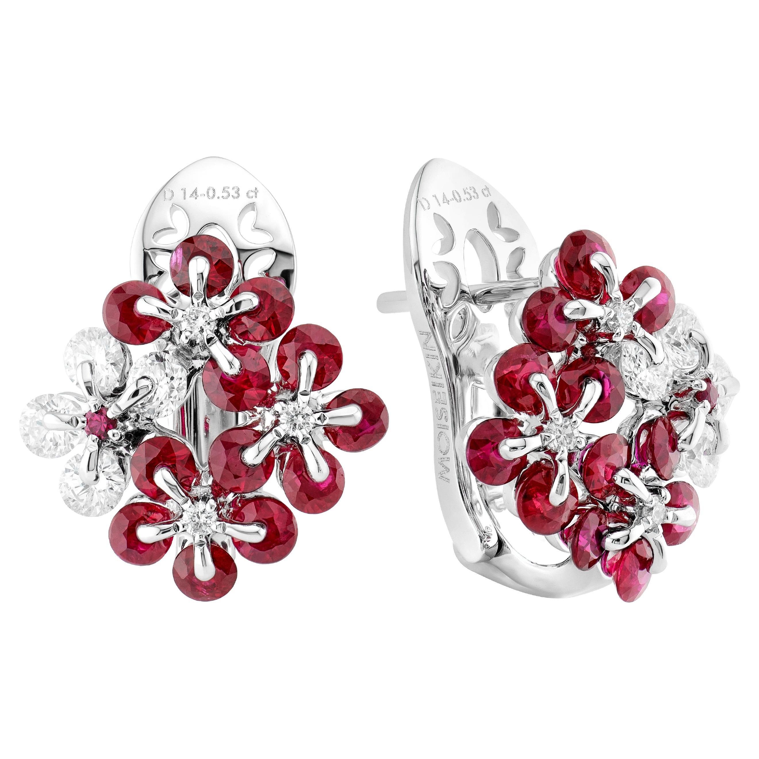 18KWG Ruby Diamond Floral Earrings by MOISEIKIN For Sale