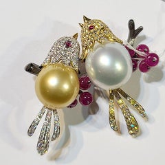 18 Karat White Yellow Pearl Ruby and Diamond Love Bird Brooch