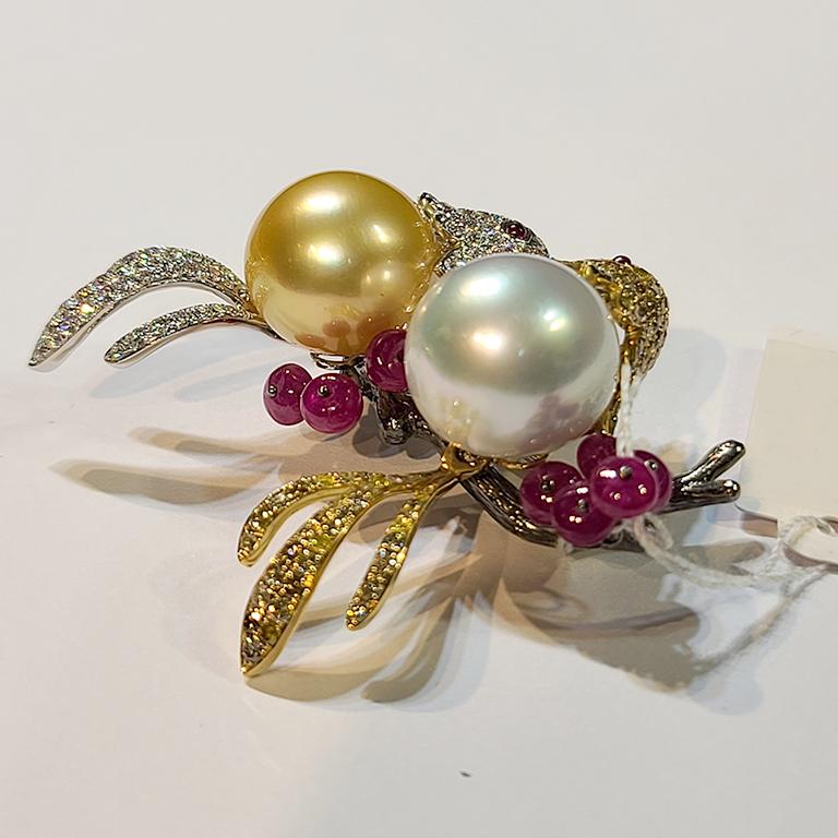 Modern 18 Karat White Yellow Pearl Ruby and Diamond Love Bird Brooch For Sale