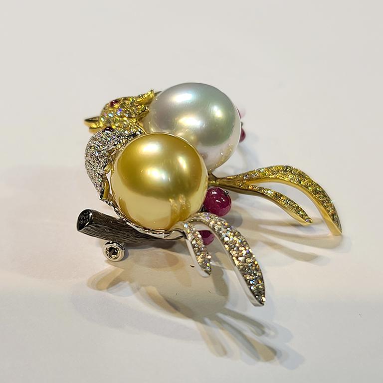 Mixed Cut 18 Karat White Yellow Pearl Ruby and Diamond Love Bird Brooch For Sale