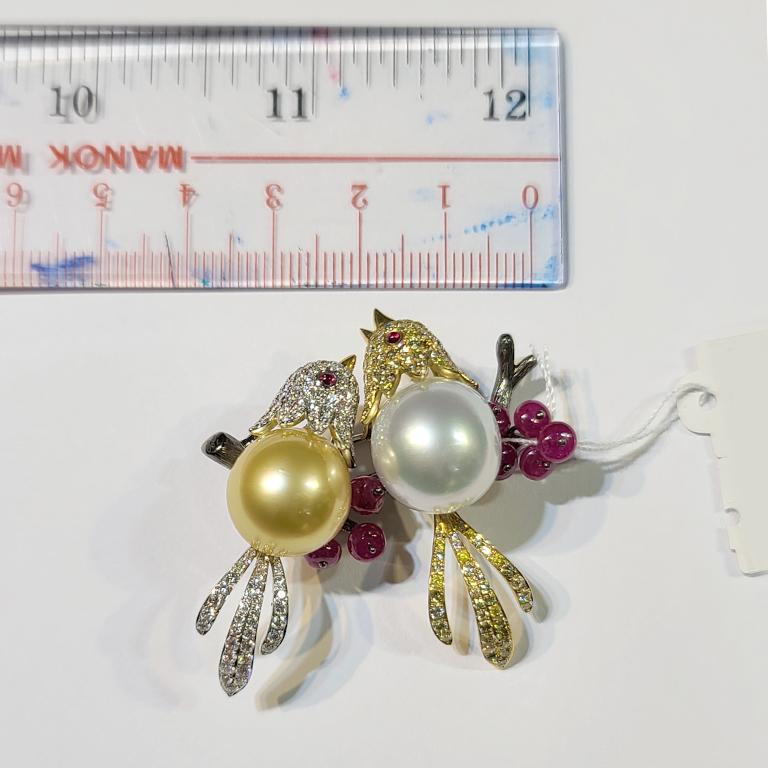 Women's 18 Karat White Yellow Pearl Ruby and Diamond Love Bird Brooch For Sale