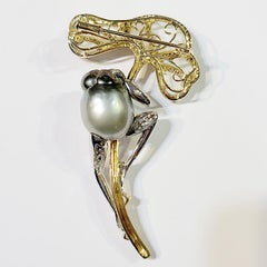18 Karat White and Yellow Pearl Semi-Precious Shell and Diamond Brooch