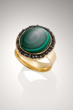 18KY Bulls Eye Malachite Ring with Black Diamonds